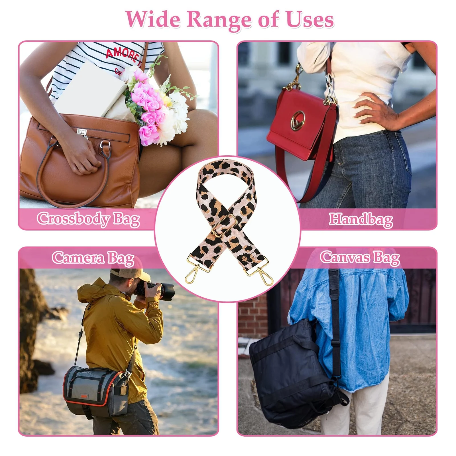 DL3 Mobilak Adjustable Wide Crossbody Bag Strap for Women, Replacement Shoulder Strap for Handbags, Totes & Purses with Elegant Embroidered Pattern and Metal Hooks - Pink