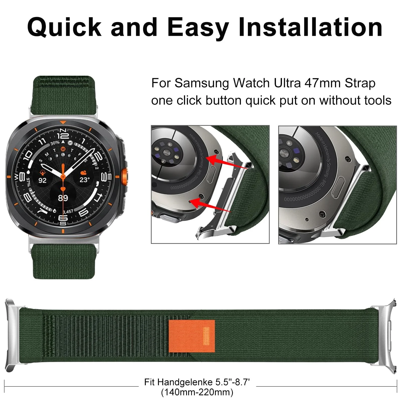 DL3 Mobilak For Samsung Galaxy Watch ultra Strap 47mm, One Click Trail Loop Strap for Men Women, Soft Nylon Sport Loop Elastic Replacement Wristband for Galaxy Watch 7 Ultra - Green