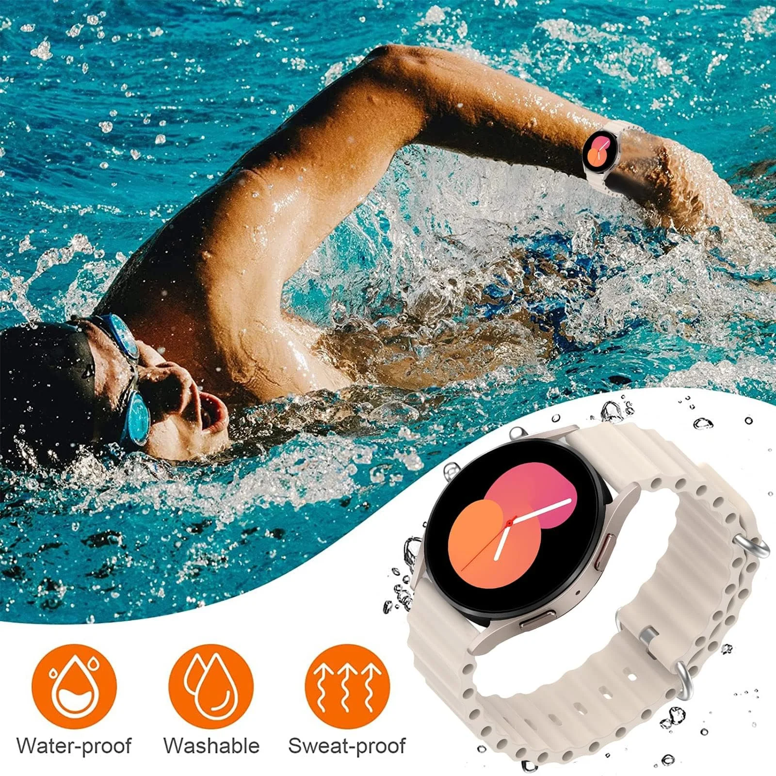 DL3 Mobilak 20mm Ocean Band for Samsung Galaxy Watch 7/6/5/4/FE Band 40mm 44mm/Galaxy Watch 6/4 Classic Bands 47mm 43mm 46mm 42mm/Watch 5 pro 45mm/3 41mm/Active 2, Adjustable Soft Silicone Sport Loop Ocean Strap - Starlight