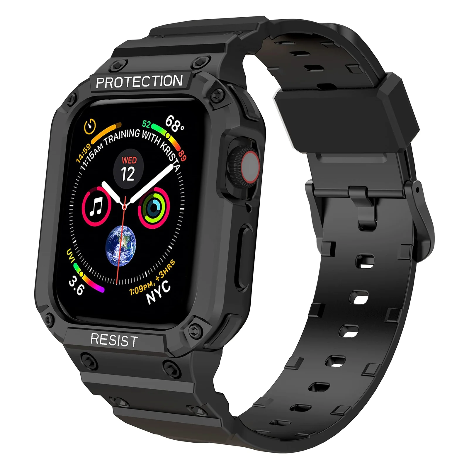 DL3 Mobilak Compatible With Apple Watch Band 45mm 44mm 42mm with Bumper Case, Rugged Men Bands for iWatch SE SE 2 Series 9 8 7 6 5 4 3 2 1, Sport Military Protector Drop-proof Shockproof - Black
