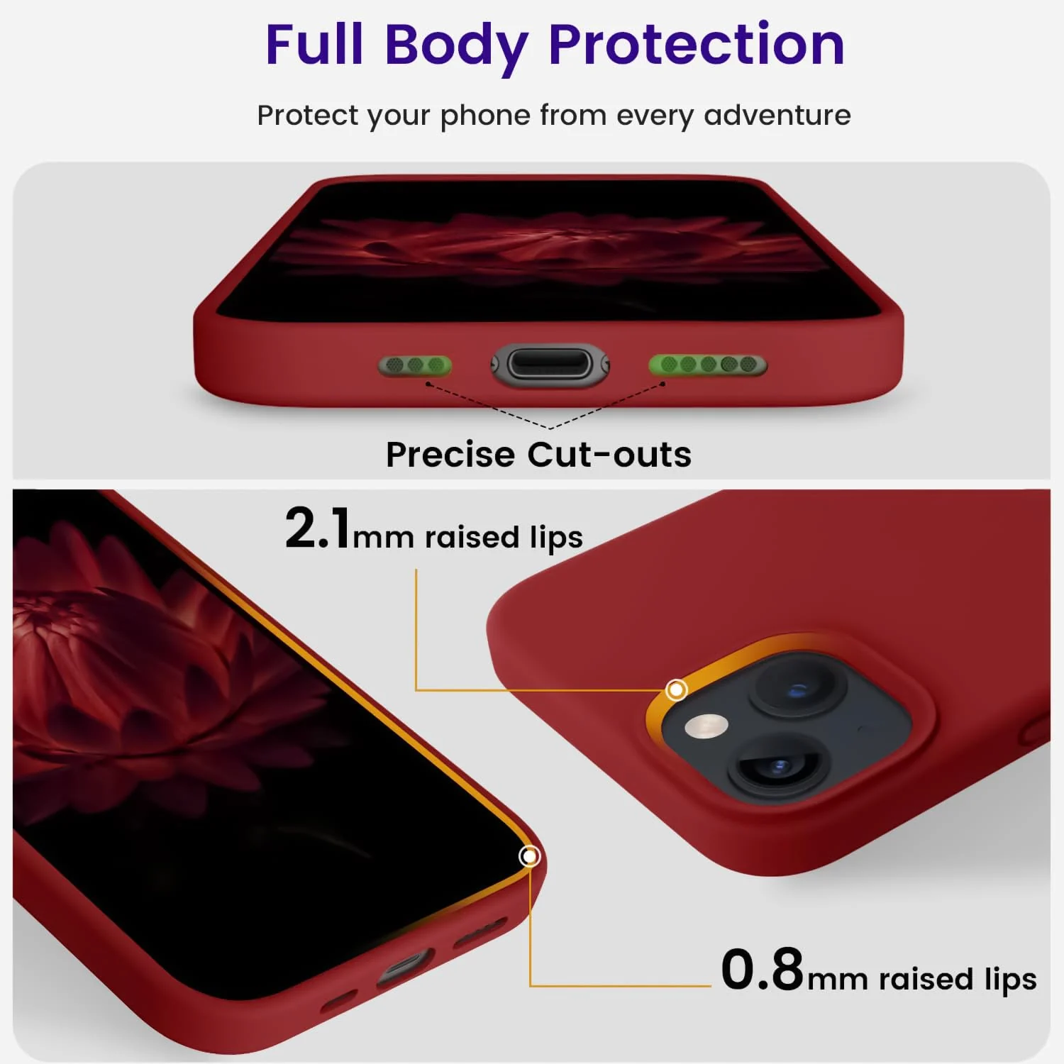 DL3 Mobilak Liquid Silicone Protective Case for iPhone 13 / iPhone 14 with Camera Protection and Microfiber Lining - Dark Red
