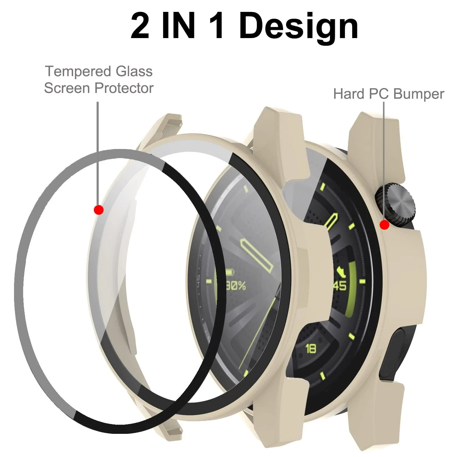 DL3 Mobilak Protective Case Compatible with Huawei Watch GT3 46mm 9H Hardness PC Case Bumper Full Slim Protective Cover with Tempered Glass For Huawei Watch GT 3 46mm - Ivory White