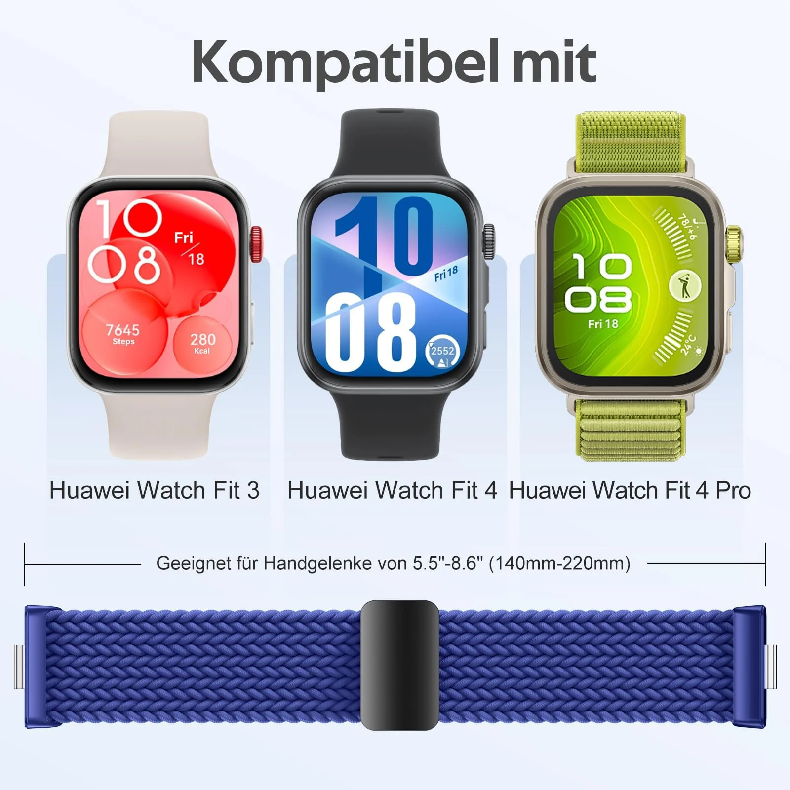 DL3 Mobilak Braided Strap for Huawei Watch Fit 4 / Fit 4 Pro/Fit 3 Bracelet, Quick Release Adjustable Nylon Sport Elastic Loop Band, Anti-Slip Magnetic Buckle Stretchy Nylon Strap - Navy Blue