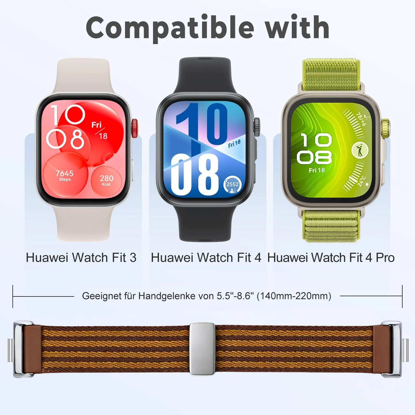 DL3 Mobilak Braided Strap for Huawei Watch Fit 4 / Fit 4 Pro/Fit 3 Bracelet, Quick Release Adjustable Nylon Sport Elastic Loop Band, Anti-Slip Magnetic Buckle Stretchy Nylon Strap - Brown Striped