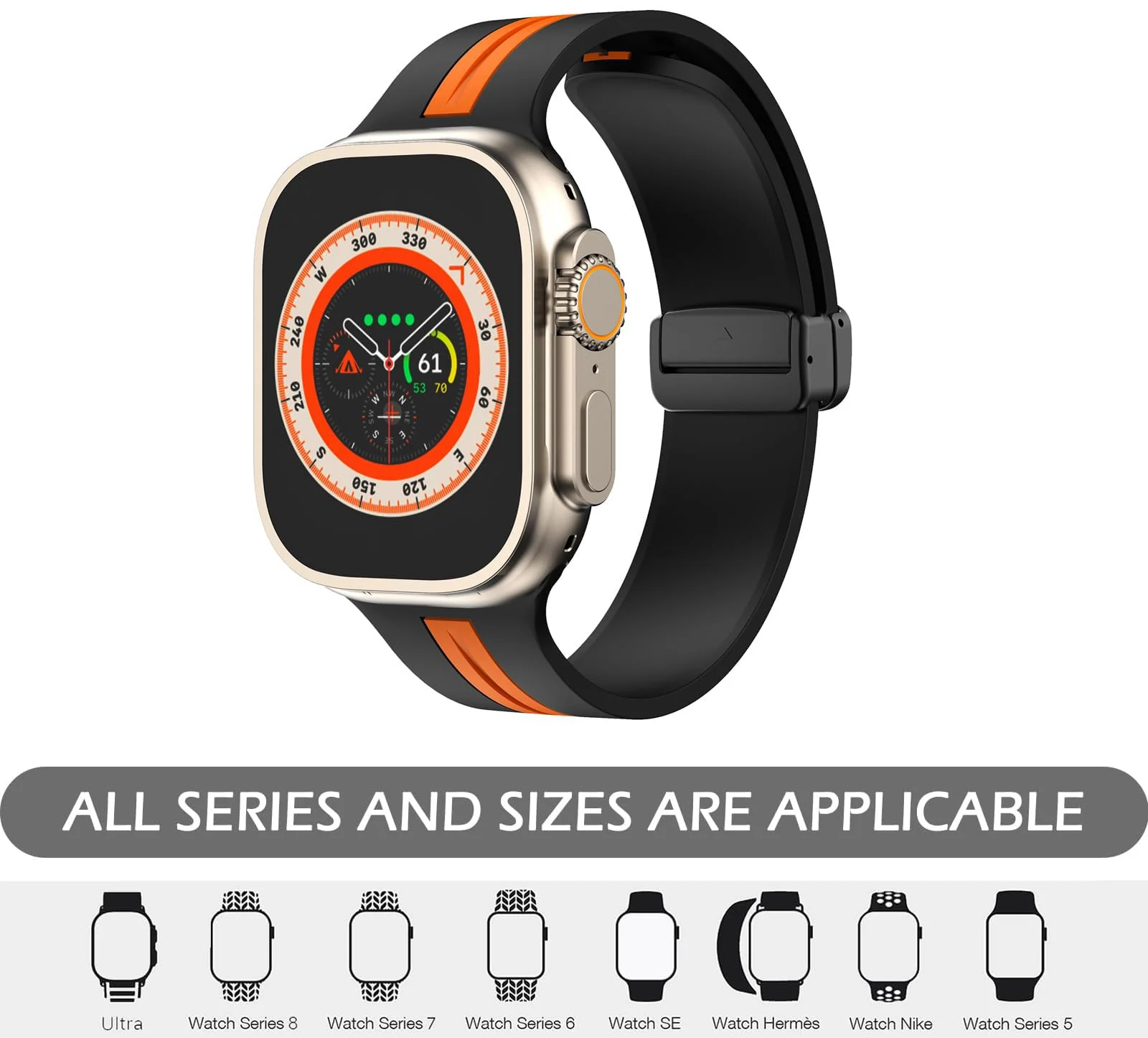 DL3 Mobilak Magnetic Strap for Apple Watch Band 49mm 45mm 44mm 41mm 40mm 38mm 42mm, Silicone Replacement Wristband Strap for iwatch Series 9 8/7/6/5/4/3/2/SE (38mm/40mm/41mm) - Black Orange