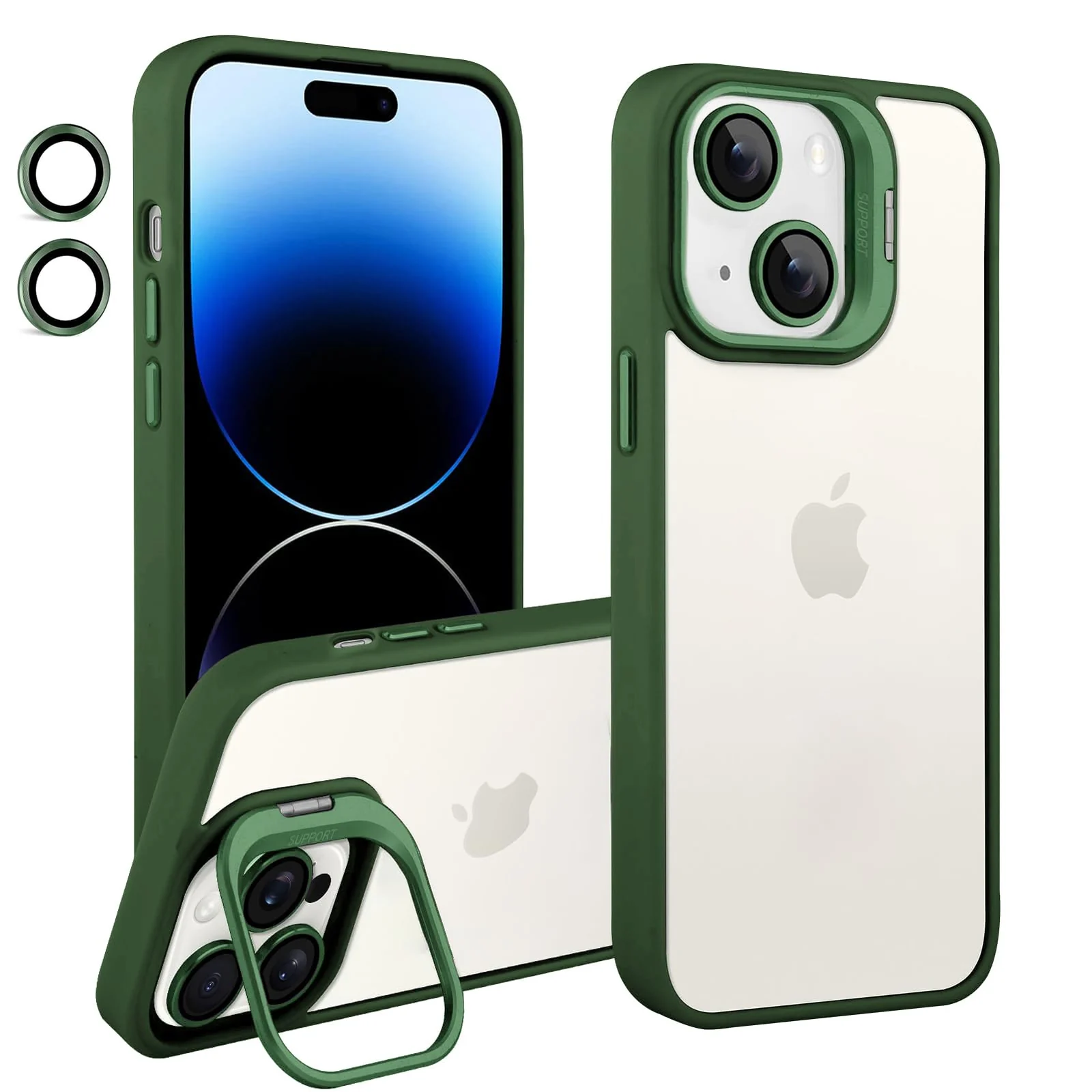 DL3 Mobilak Clear PC and TPU Case with Camera Ring Kickstand and Lens Protector for iPhone 15 - Green