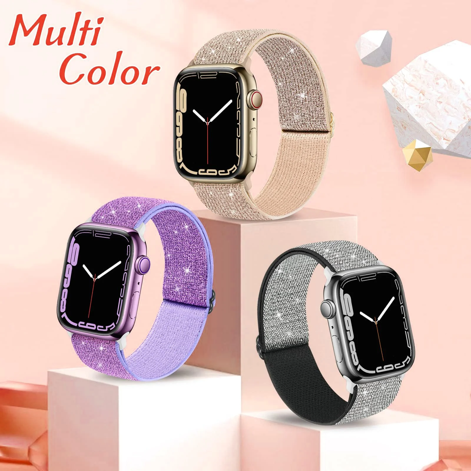 DL3 Mobilak Nylon Solo Loop Stretchy Straps For Apple Watch Band 49mm 45mm 44mm 42mm 41mm 40mm 38mm, Elastic Wristbands for Series 8 9 Ultra 7 6 5 4 3 2 1 (Shiny, 42MM/44MM/45MM/49MM) - Shiny Rose Gold