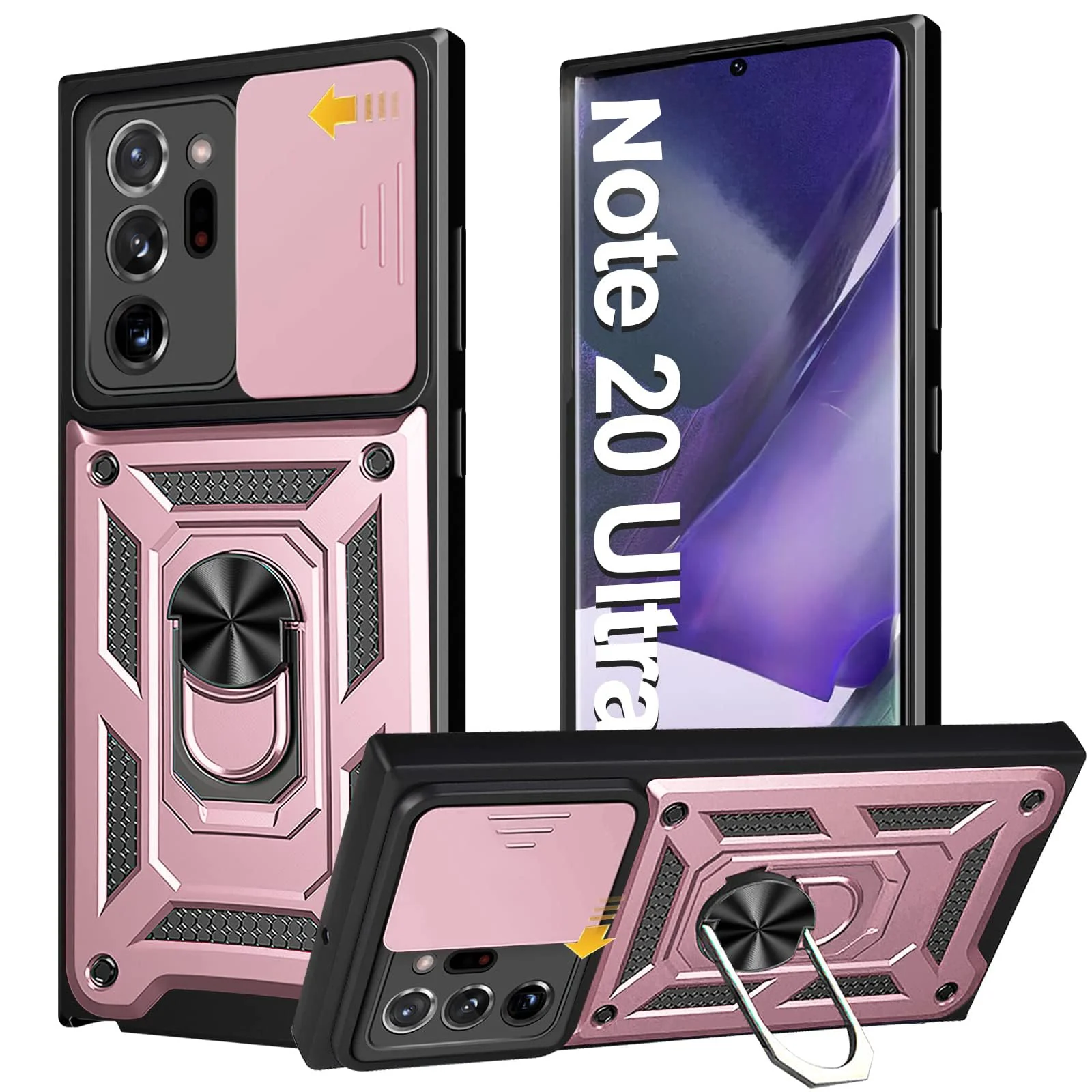 "DL3 Mobilak Military-Grade Protective Case with Sliding Camera Cover, Metal Ring Kickstand and Magnetic Car-Mount Support for Samsung Galaxy Note 20 Ultra (6.9"") - Rose Gold"