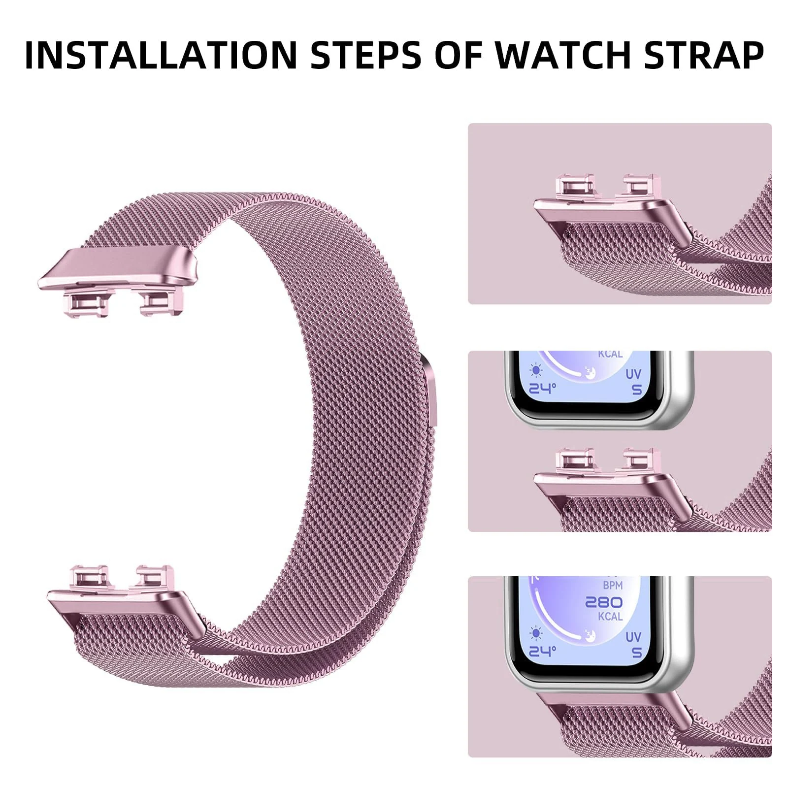 MOBIGON Magnetic Stainless Steel Watch Strap for Huawei Band 11 / 11 Pro, Pink