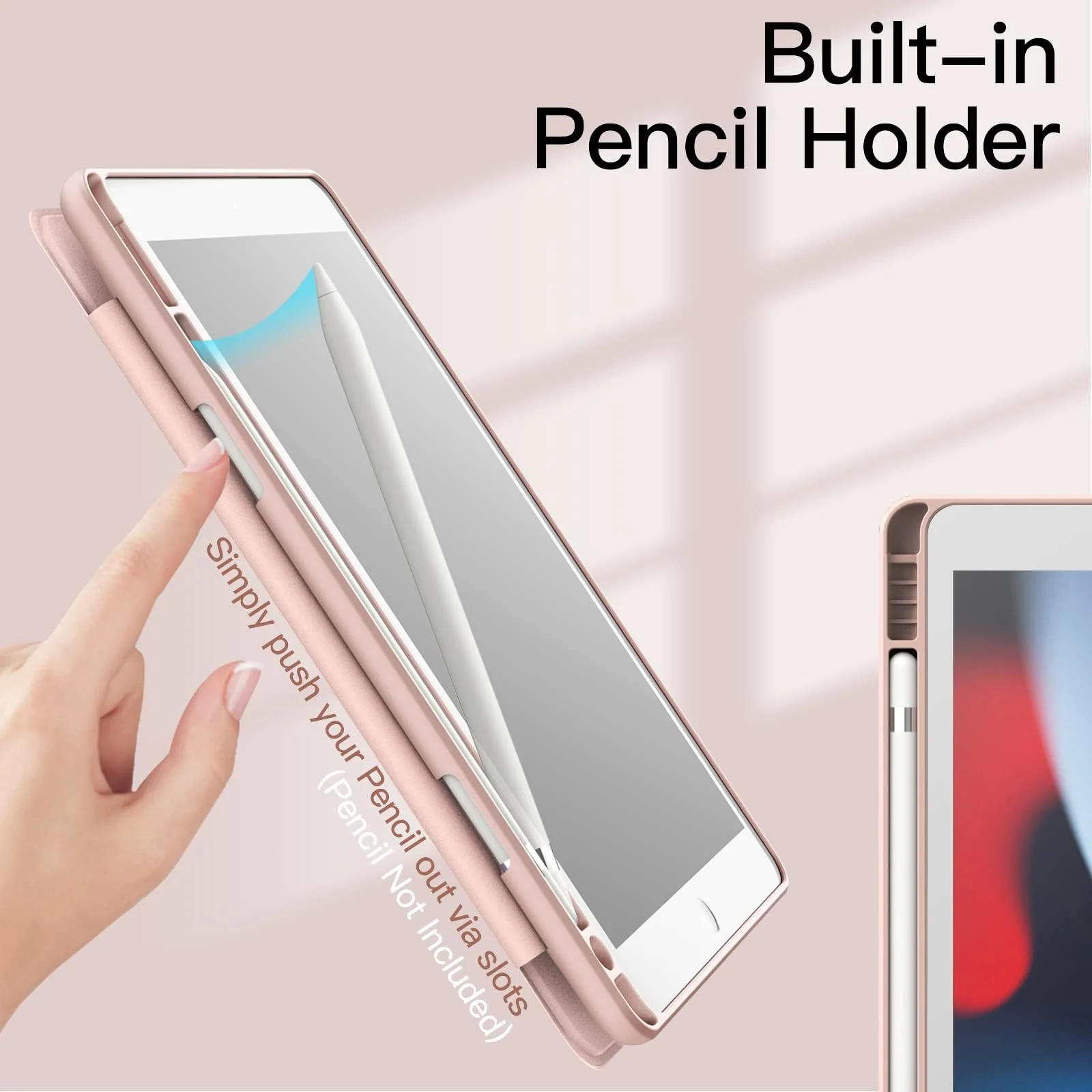 DL3 Mobilak Case for iPad 10.2-Inch (9th/8th/7th Generation, 2021/2020/2019), Clear Shockproof Back Cover Built-in Pencil Holder, Auto Sleep/Wake - Pink