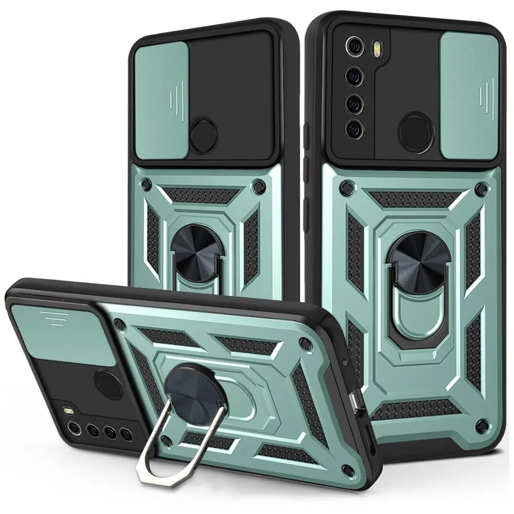 DL3 Mobilak Military-Grade Protective Case with Sliding Camera Cover, Metal Ring Kickstand and Magnetic Car-Mount Support for Xiaomi Redmi Note 8 (2019 / 2021) - Green