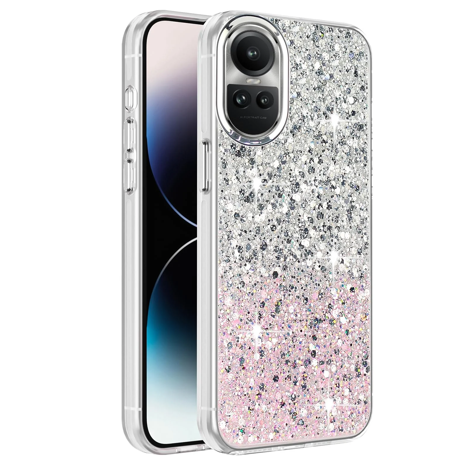 DL3 Mobilak Glitter Protective Case for OPPO Reno 10 5G / Reno10 Pro 5G, Supports wireless charging, Camera protection, Shock-absorbing protection - White Pink