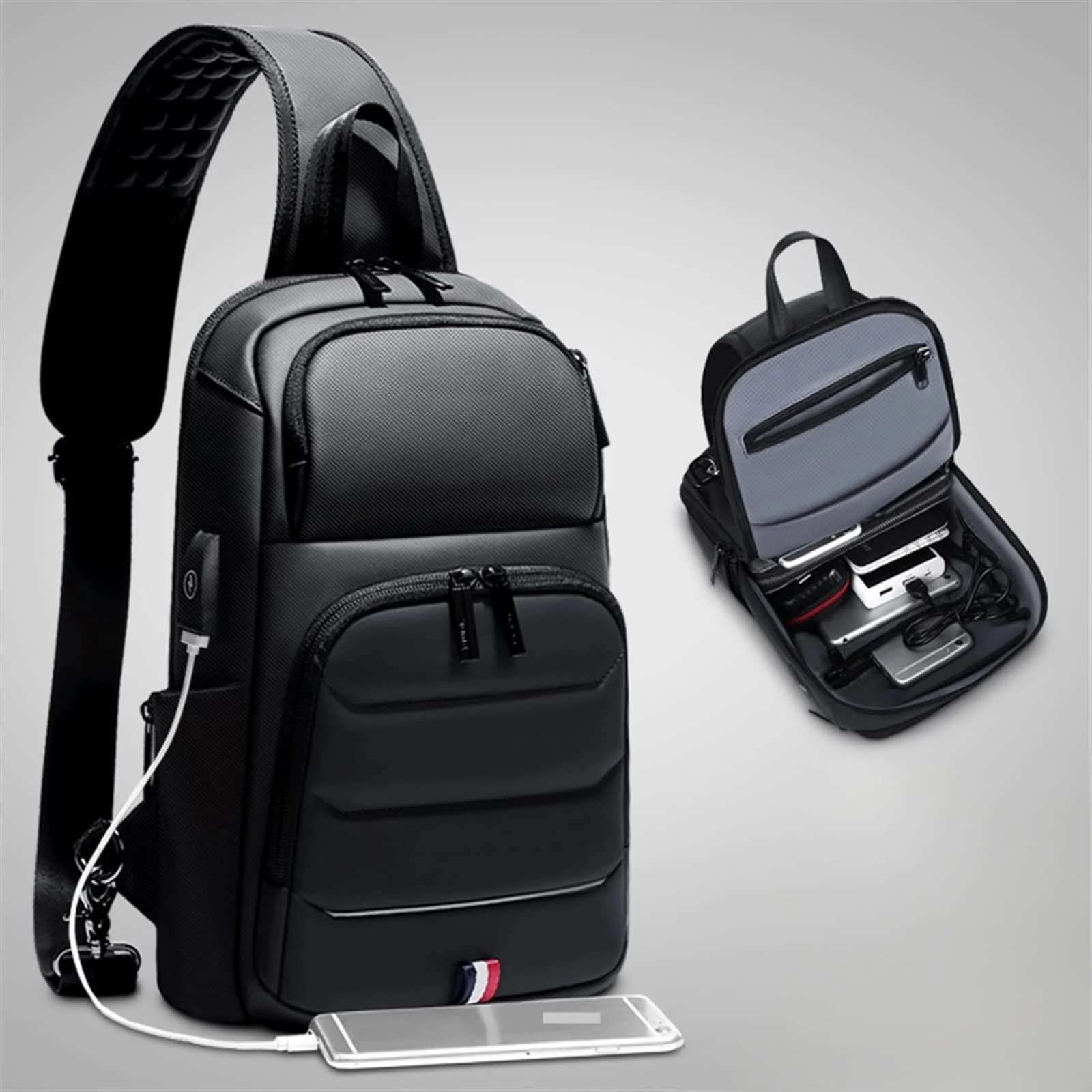 Mobigon Laptop Sling Backpack Anti Theft Bag, Hiking Daypack 12 Inch Fits iPad - Tablet 7 to 9.7 Inch Waterproof Nylon Crossbody Bags for Men, Single Shoulder Camping Dayback with USB Port - Black