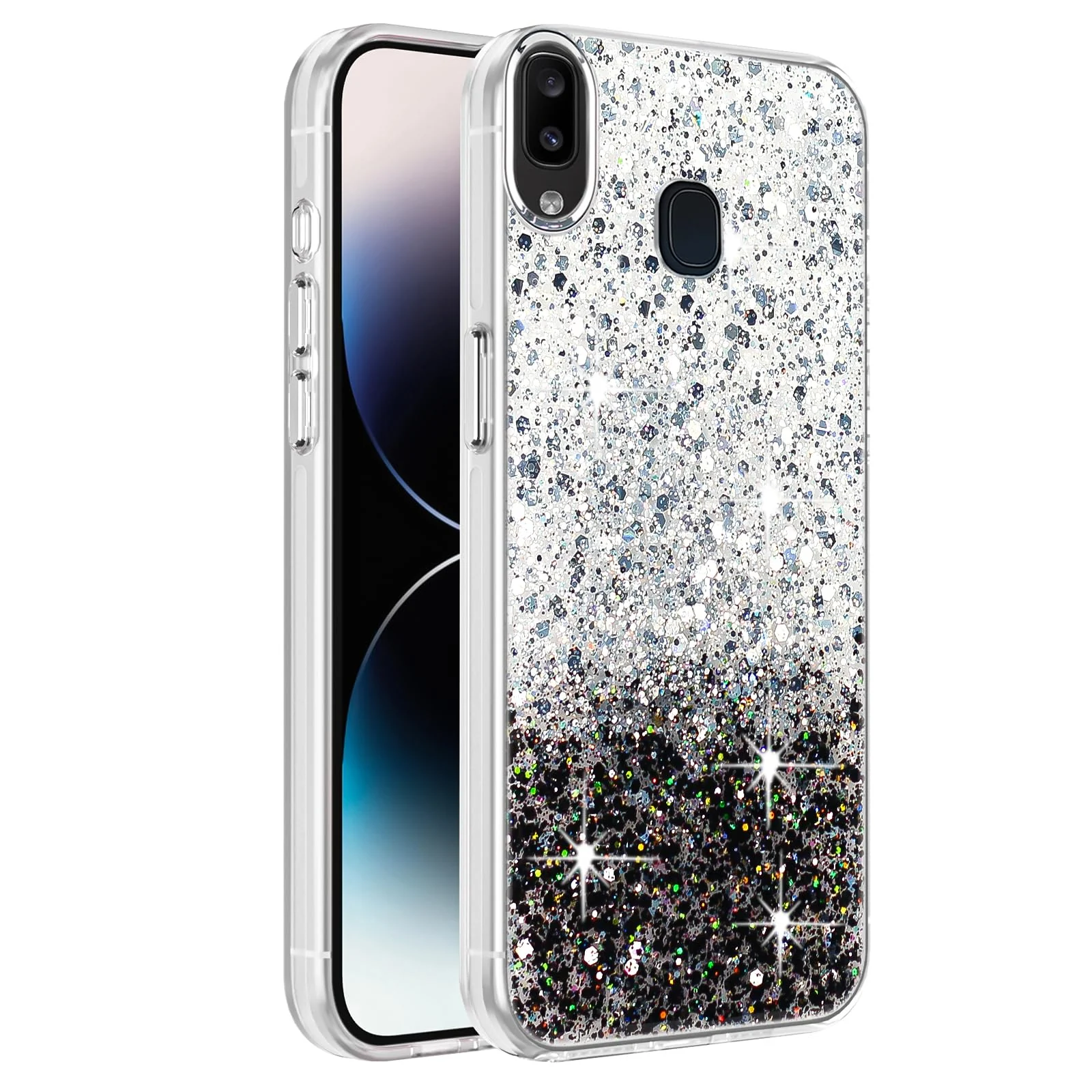DL3 Mobilak Compatible with Samsung Galaxy A10s Case, Clear Glitter Bling Sparkly, Soft TPU Frame Bumper, Hard-Back Cover for Women & Girls, Transparent Protective Phone Case - White Black