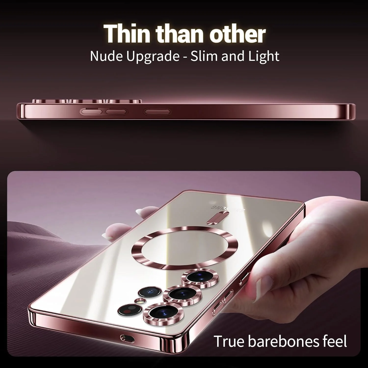 DL3 Mobilak For Samsung Galaxy S22 Ultra Magnetic Case, Compatible with MagSafe, Built-in Camera Lens Protector, Luxury Plating Soft TPU Clear Shockproof Slim Thin Cover - Rose Gold