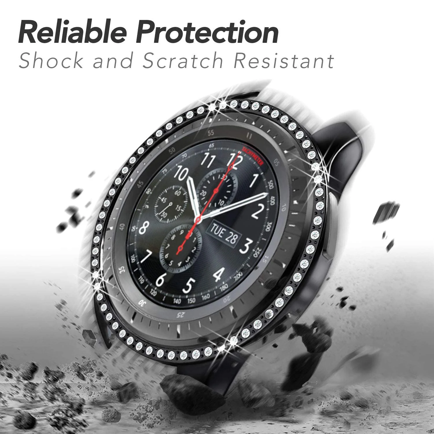 DL3 Mobilak Bumper Diamond Case Compatible with Samsung Galaxy Watch 46mm, Gear S3 Frontier Case (NOT fit for -R770), Bling Crystal Diamonds PC Plastic Protector Case Cover Frame - Black