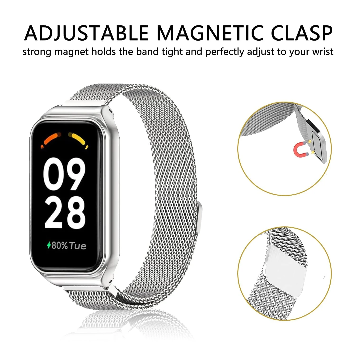 DL3 Mobilak Bracelet Compatible with Xiaomi Redmi Band 2/Smart Band 8 Active, Stainless Metal Magnetic Replacement Strap - Silver