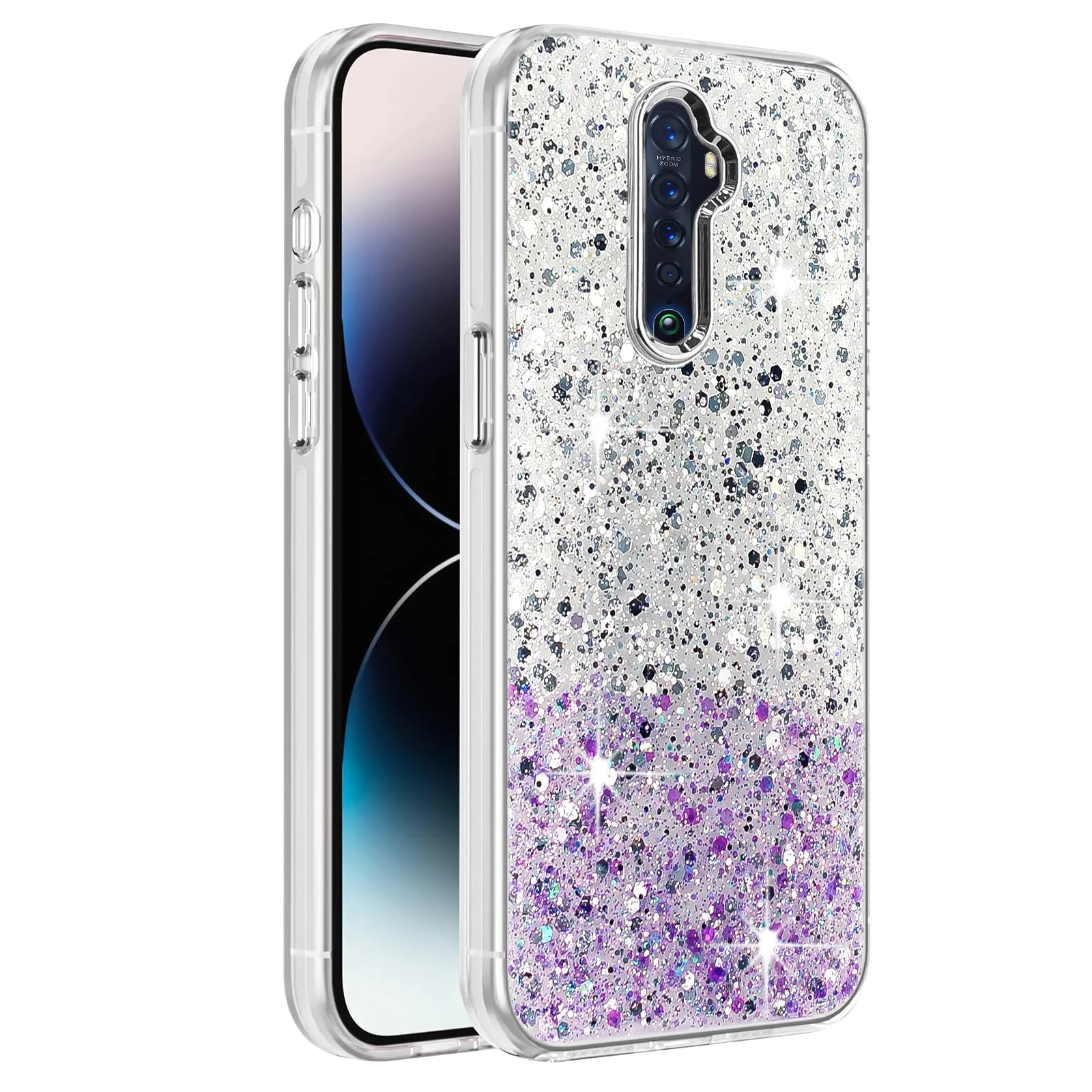DL3 Mobilak Compatible with OPPO Reno 2F / Reno 2Z Case, Clear Glitter Bling Sparkly, Soft TPU Frame Bumper, Hard-Back Cover for Women & Girls, Transparent Protective Phone Case - White Purple