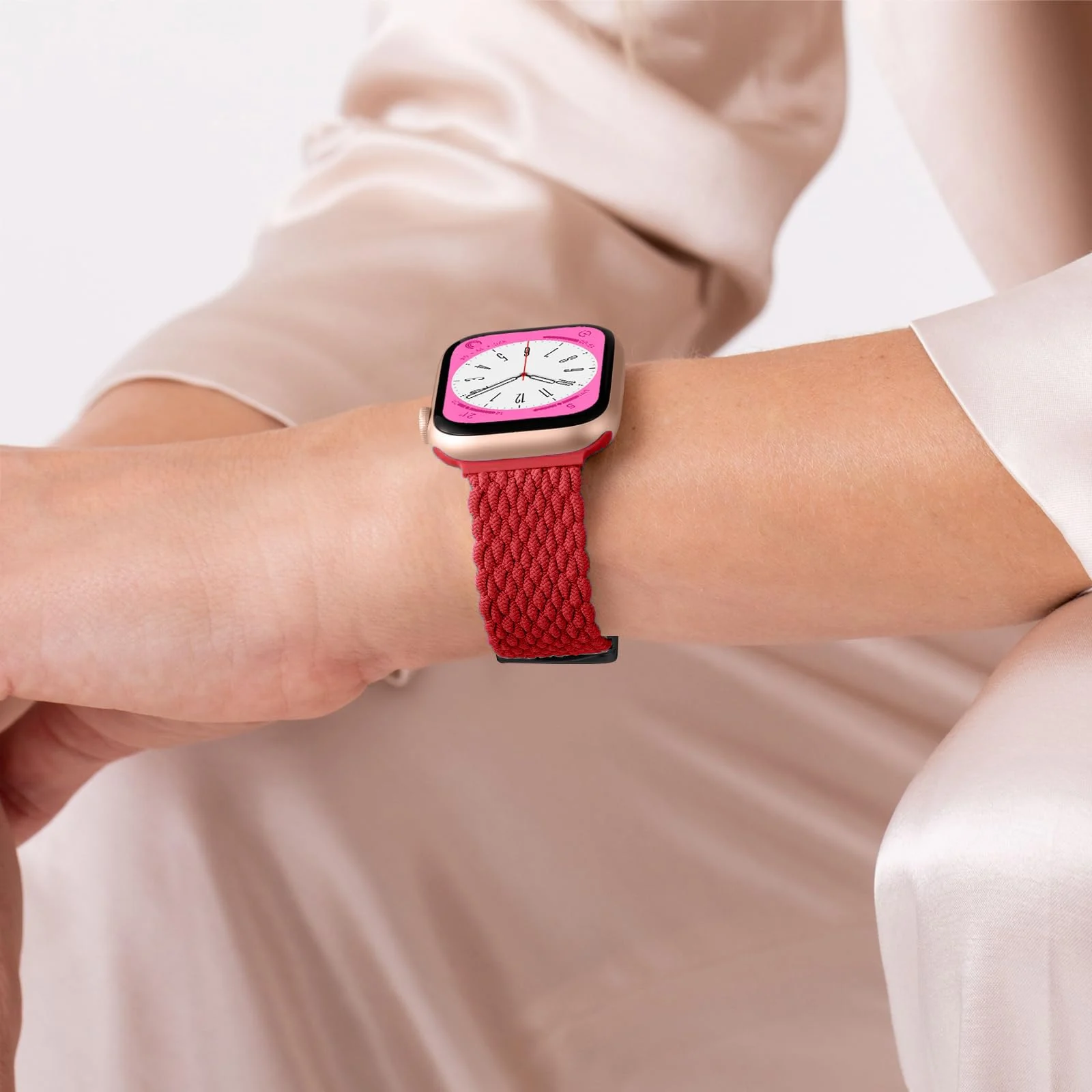 DL3 Mobilak Sport Solo Loop Compatible with Apple Watch Band 42mm 44mm 45mm 46mm 49mm for Women Men, Magnetic Strap Stretchy Braided Wristband for iWatch Series 11 10 9 8 7 6 5 4 3 Ultra 3 2 1 SE SE2 - Red