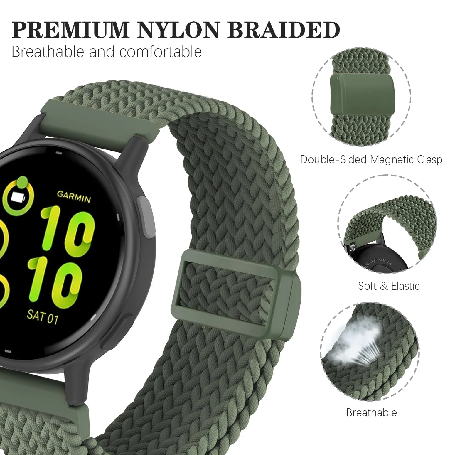 DL3 Mobilak 20mm Magnetic Band for Samsung Galaxy Watch 7/6/5/4/FE Band 40mm 44mm/Galaxy Watch 6/4 Classic Bands 47mm 43mm 46mm 42mm/Watch 5 pro 45mm/3 41mm/Active 2, Stretchy Braided Nylon Magnetic Sport Strap - Green Ash