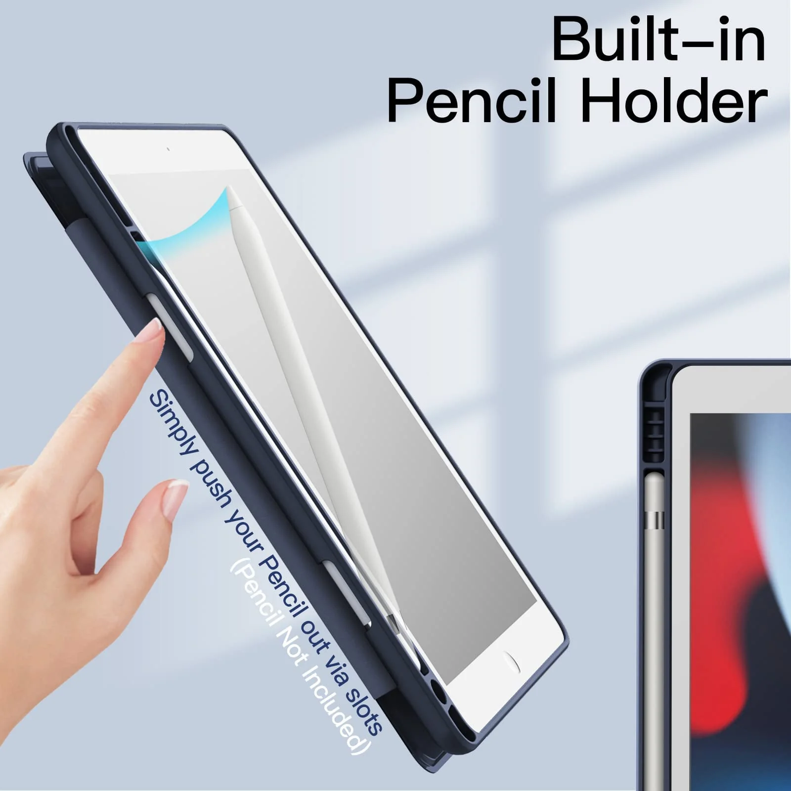 DL3 Mobilak Case for iPad 10.2-Inch (9th/8th/7th Generation, 2021/2020/2019), Clear Shockproof Back Cover Built-in Pencil Holder, Auto Sleep/Wake - Dark Blue
