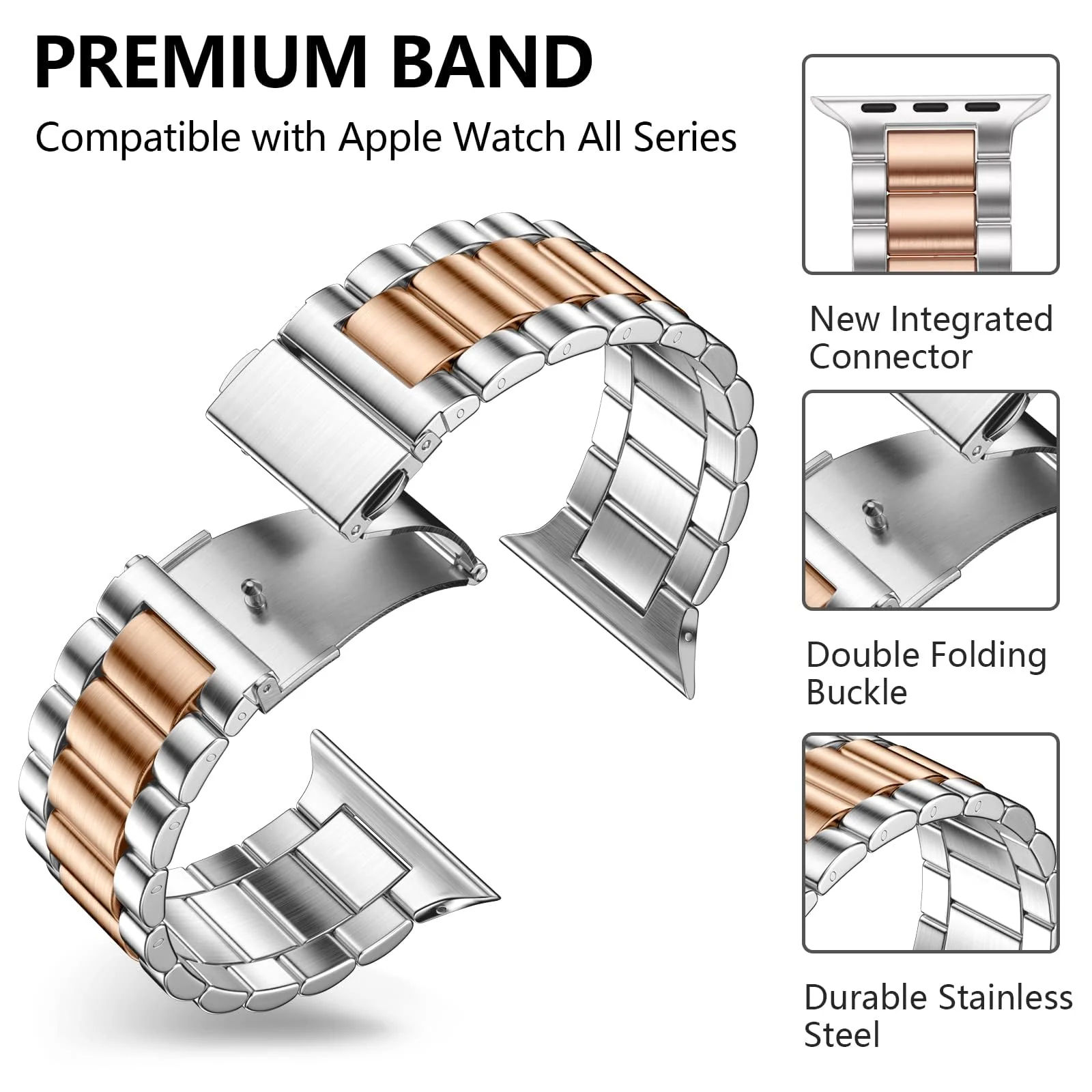DL3 Mobilak Stainless Steel Band with Case Compatible with Apple Watch Band 45mm Series 9/8/7, Men Woman Business Strap with Protective Bumper Cover for iWatch Series 7/8/9 45mm - Silver Rose Gold