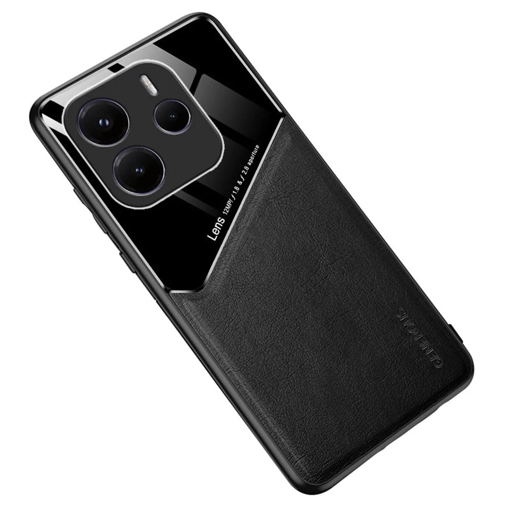 DL3 Mobilak Faux Leather and Plexiglass TPU Case for Xiaomi Redmi Note 14 4G (Not 5G) with Magnetic Car-Mount Support and Shockproof Design - Black