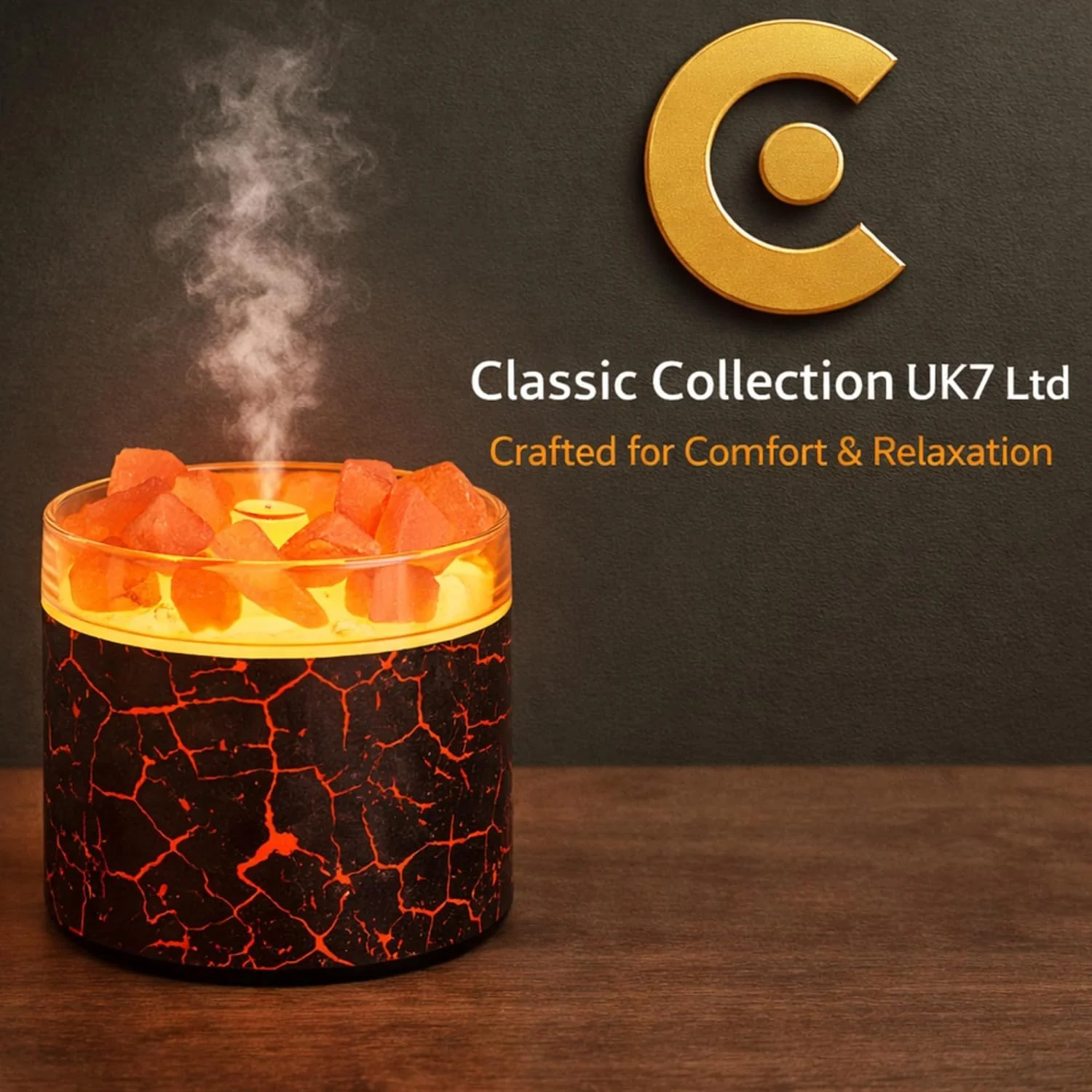 DL3 Mobilak 4-in-1 Ultrasonic Crystal Salt Stone Aromatherapy Diffuser & 160ML Humidifier - 7-Color LED Dreamy Flame Light, Auto Shut-Off - Crack Black