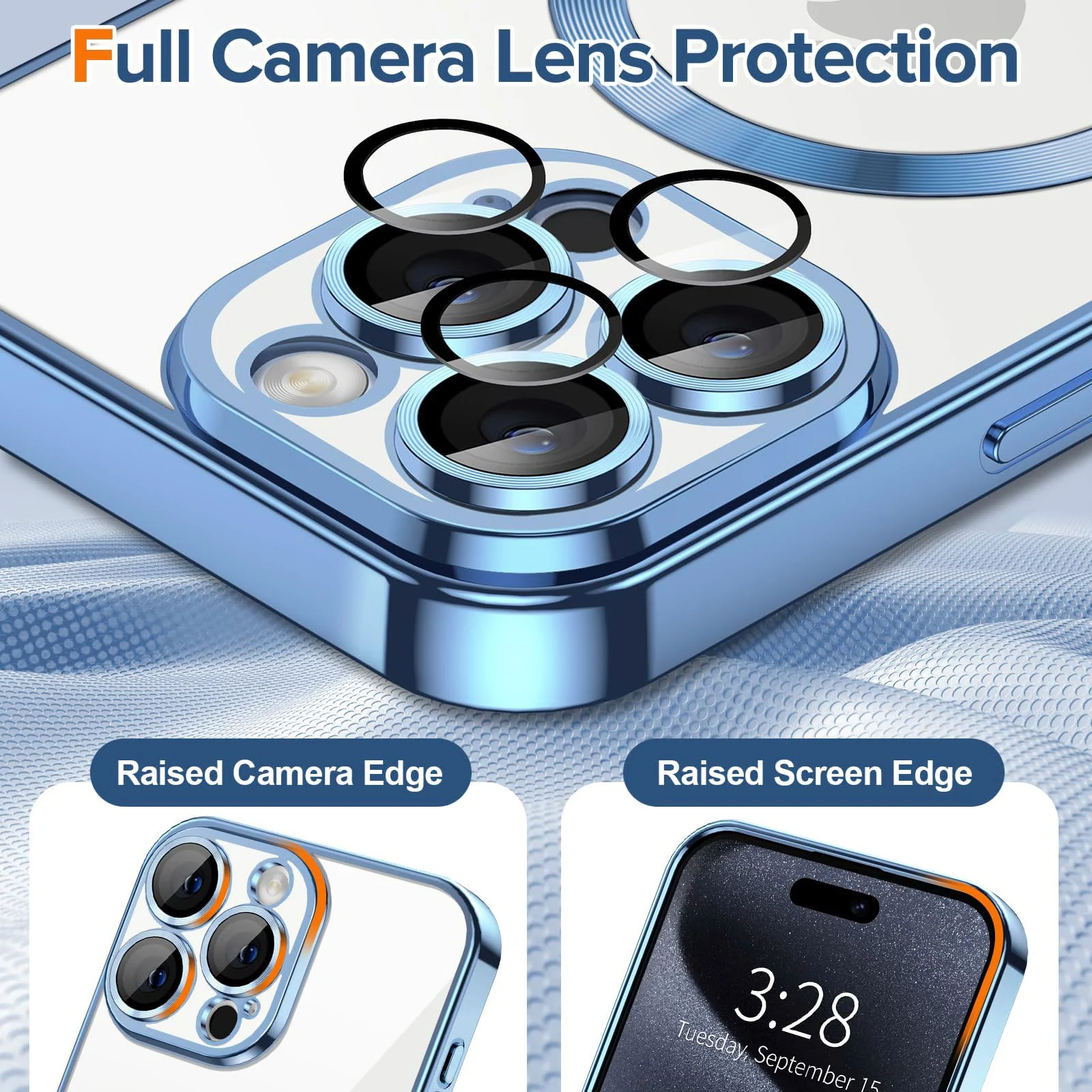 DL3 Mobilak Clear Case for iPhone 13 Pro 6.1-Inch with Built-in Camera Lens Protector, Slim Luxury Plating Edge Soft TPU Cover Protective, Transparent Case for Women Girls Men - Sierra Blue