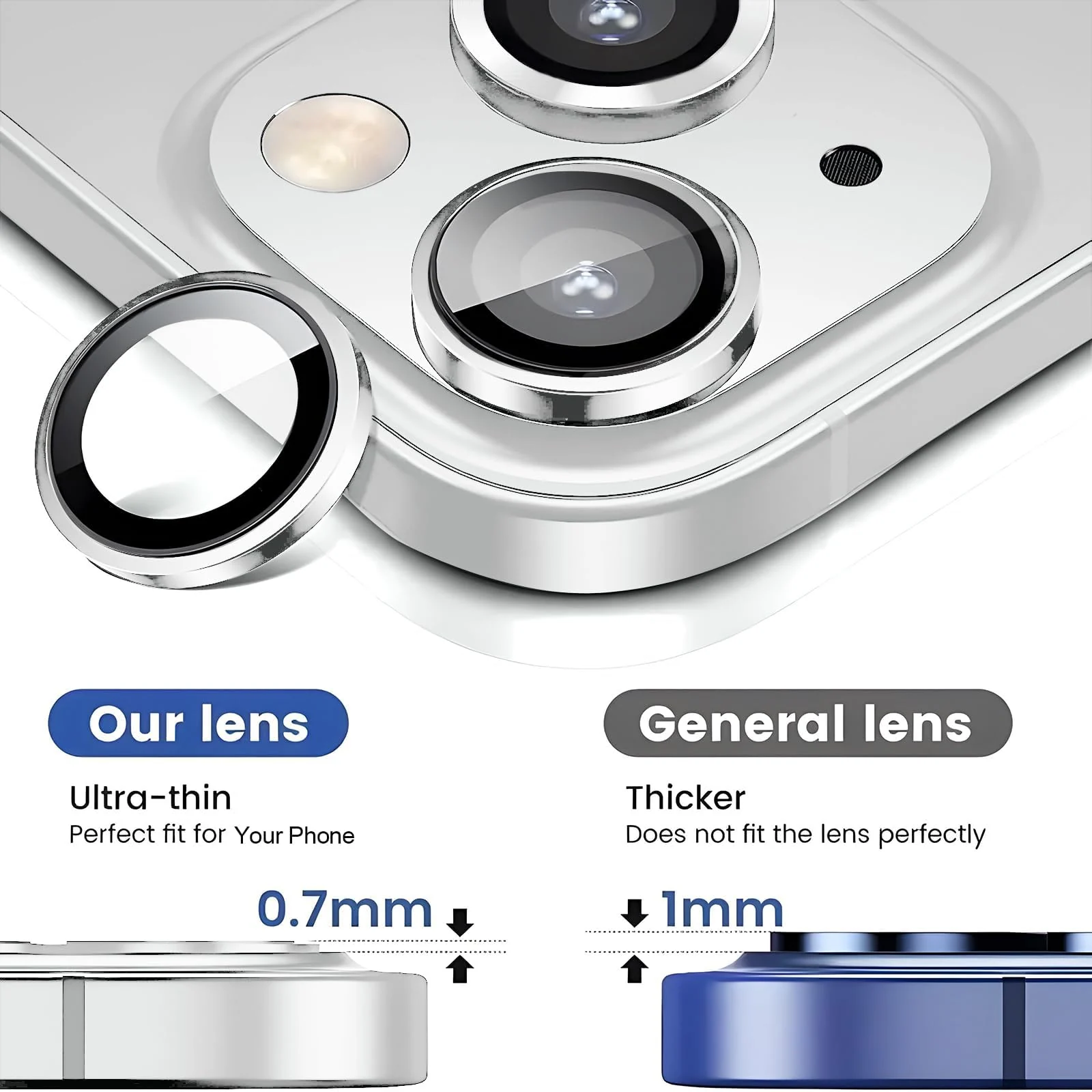 DL3 Mobilak Compatible with iPhone 15/15 Plus & iPhone 14/14 Plus Camera Lens Protector, Anti-Scratch HD Tempered Glass Lens Screen Protection Cover, Metal Individual Lens Ring - Silver