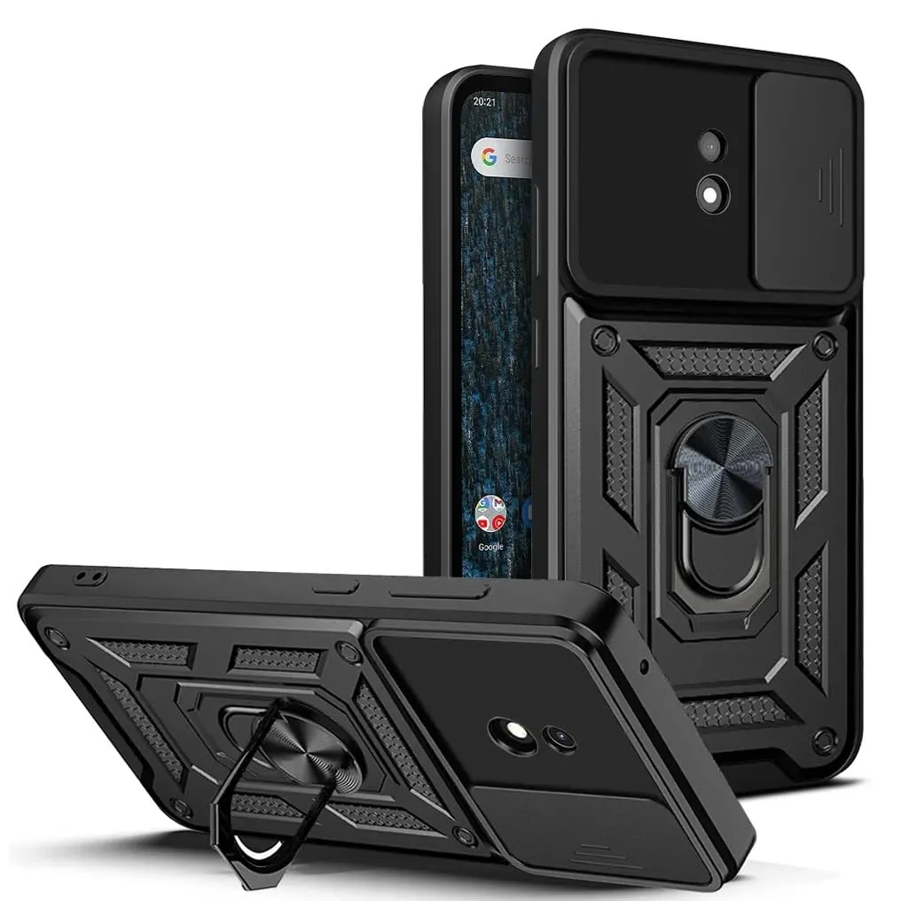 DL3 Mobilak Military-Grade Protective Case with Sliding Camera Cover, Metal Ring Kickstand and Magnetic Car-Mount Support for Nokia C1 - Black