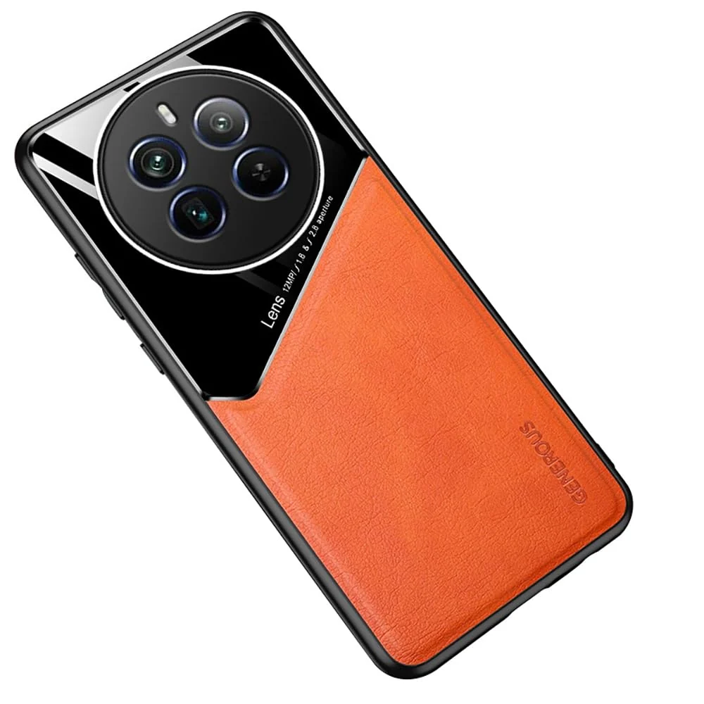 DL3 Mobilak Faux Leather and Plexiglass Protective Case with TPU Frame and Magnetic Car-Mount Support for realme 12 Pro 5G / realme 12 Pro+ Plus 5G - Orange