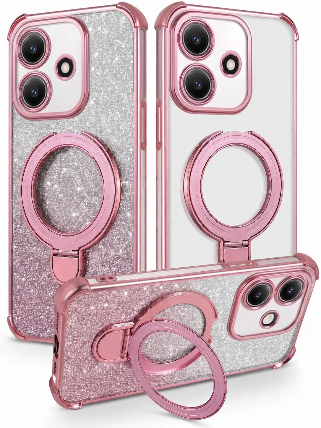 Mobigon Glitter Phone Case Compatible with OPPO A3 / OPPO A3X / A40 / A40M, Magnetic Ring Stand Shockproof Cover, Clear Soft TPU Bumper with Full Camera Protection - Pink