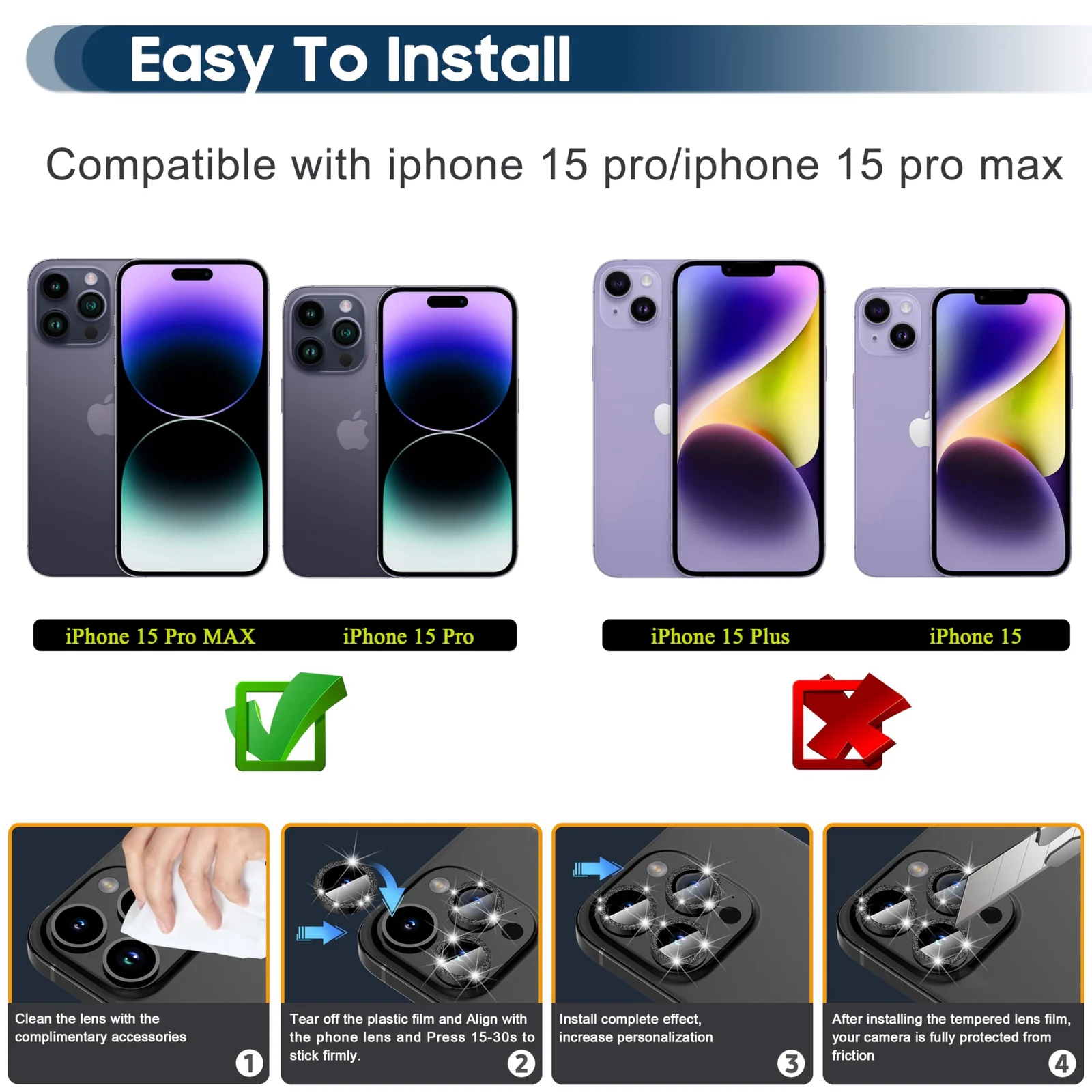 DL3 Mobilak Camera Lens Protector For iPhone 15 Pro/iPhone 15 Pro Max, [Keep Original Shooting] Tempered Glass Screen Protector Metal Individual Camera Cover, Case Friendly - Glitter Black