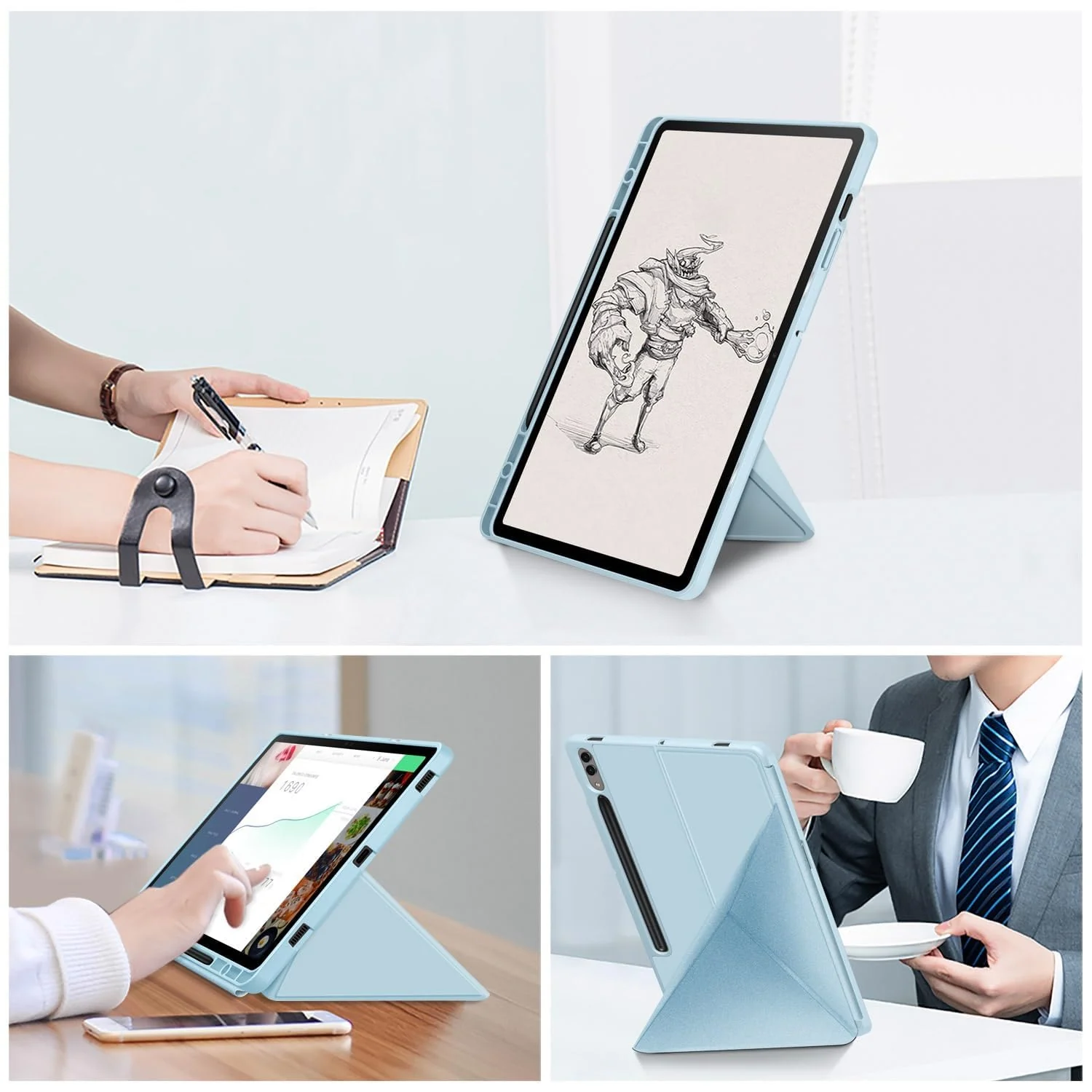 DL3 Mobilak For Samsung Galaxy Tab S8+ Plus 2022 / S7 FE 2021 / S7+ Plus 2020 12.4-Inch Case, Smart Stand, Pencil Holder, Shockproof Slim Lightweight Leather Cover, Modern Abstract Design - Sky Blue