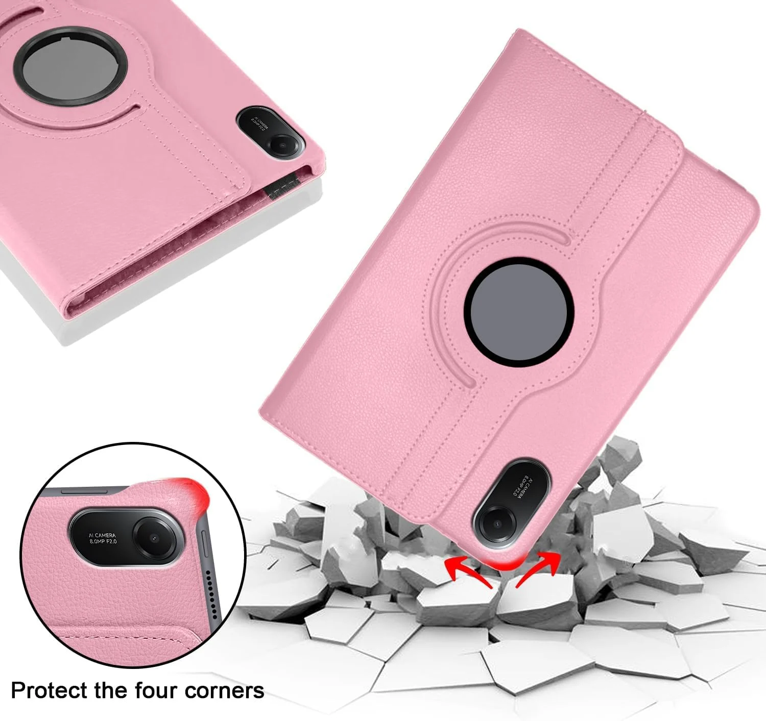 DL3 Mobilak Protective Cover for Xiaomi Redmi Pad 2 2025 11 inch, 360° Rotatable Smart Stand, Leather Folio Flip Cover with Multi-Angle Viewing, Auto Wake Sleep - Baby Pink