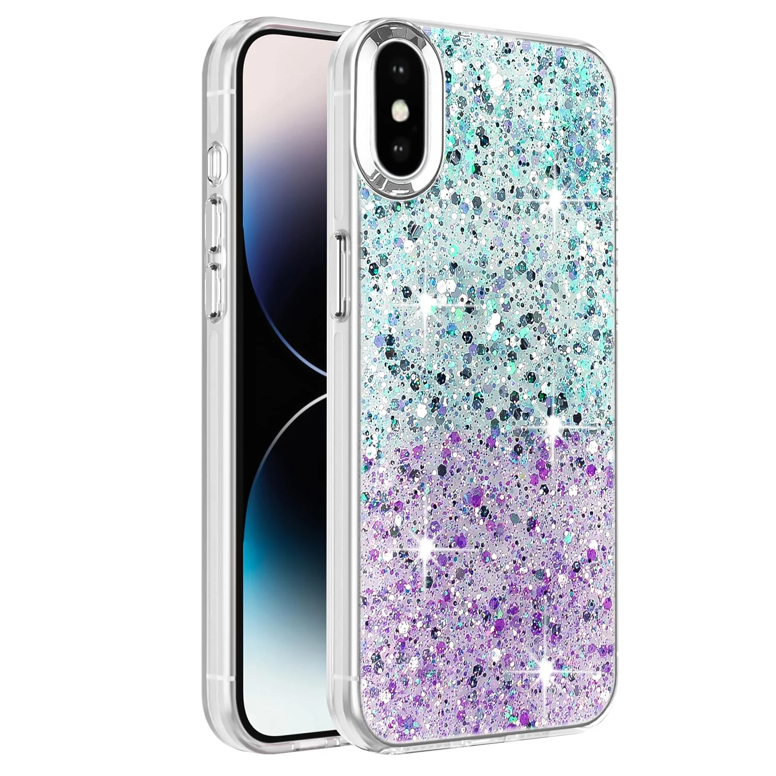 DL3 Mobilak Compatible with iPhone XS Max Case, Clear Glitter Bling Sparkly, Soft TPU Frame Bumper, Hard-Back Cover for Women & Girls, Transparent Protective Phone Case - Green Purple