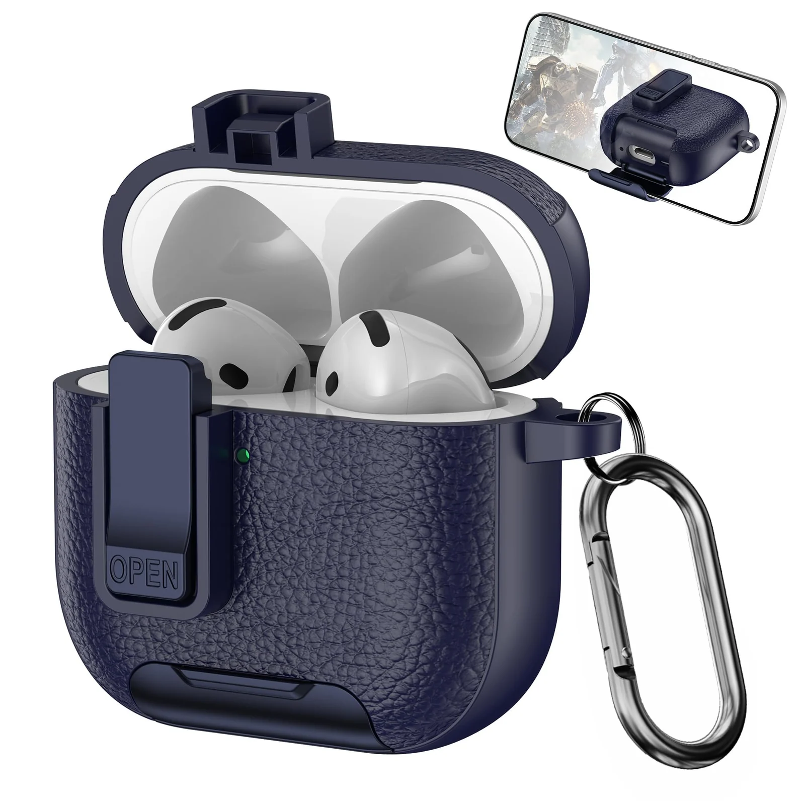 Mobigon for Apple AirPods 4 Leather Case with Secure Lock Clip, Support Wireless Charge, Stand and Charging Port Dustproof Design with Carabiner for AirPods 4