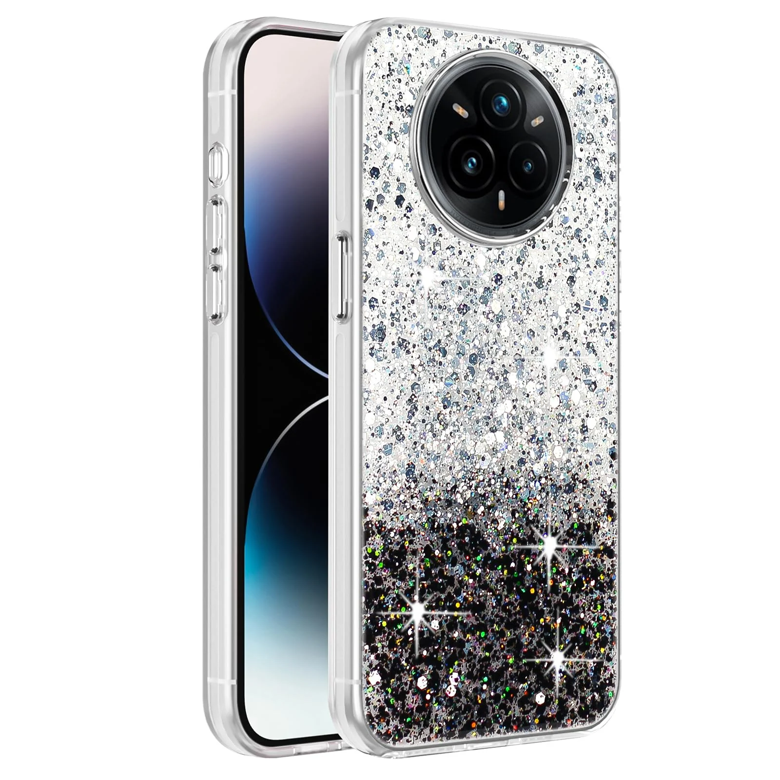 DL3 Mobilak Glitter Protective Case for realme 14 Pro + Plus 5G, Supports wireless charging, Camera protection, Shock-absorbing protection - White Black