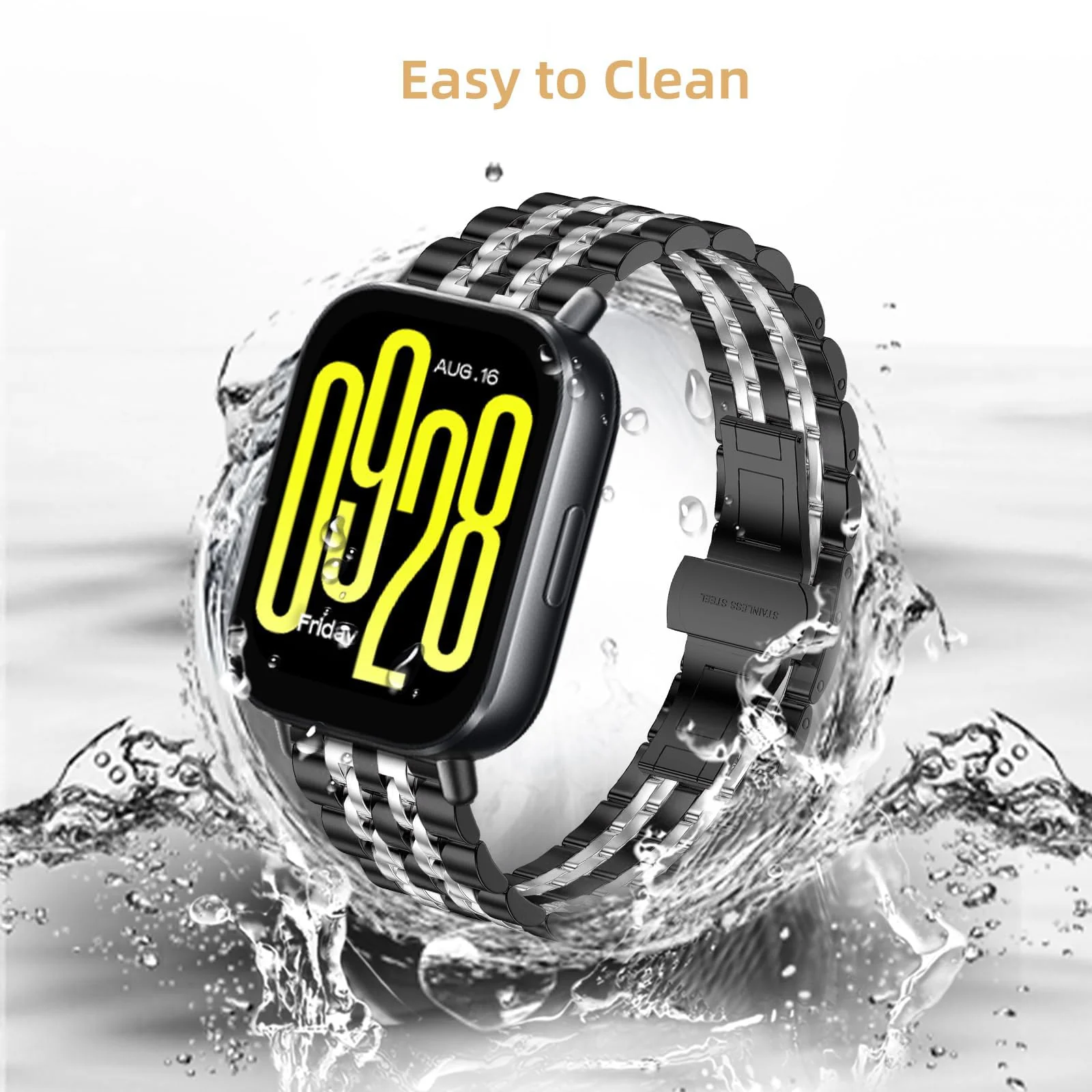 DL3 MOBILAK Adjustable Stainless-Steel Link Watch Strap for Xiaomi Redmi Watch 5 Lite and 5 Active - Black/Silver