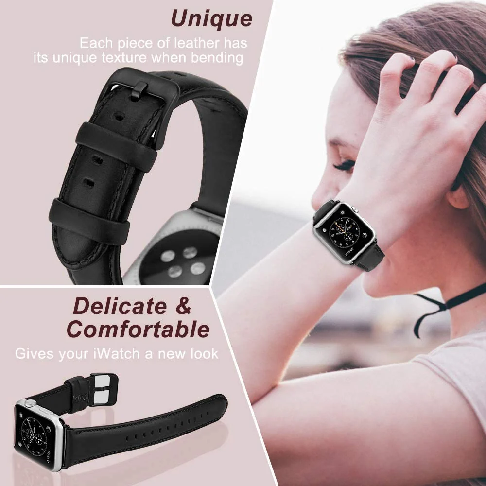 DL3 Mobilak Compatible with Apple Watch Band 49mm 46mm 45mm 44mm 42mm Leather Band Replacement Strap, Soft Leather Bracelet for iWatch Series 11 10 9 8 7 6 5 4 SE SE2 Ultra 3 2 1 - Black