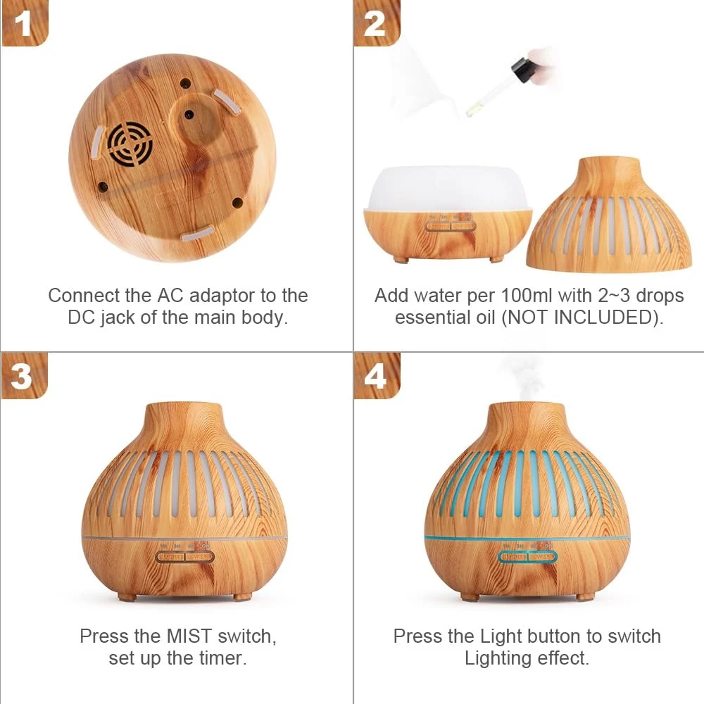 Mobigon Essential Oil Diffuser, Aromatherapy Diffuser 500ml with Remote Control, 4 Timer & Auto-Off Safety Switch, 7 Color LED Lights Mode, 10 Hours Quiet Humidifier for Bedroom - G.Light Brown