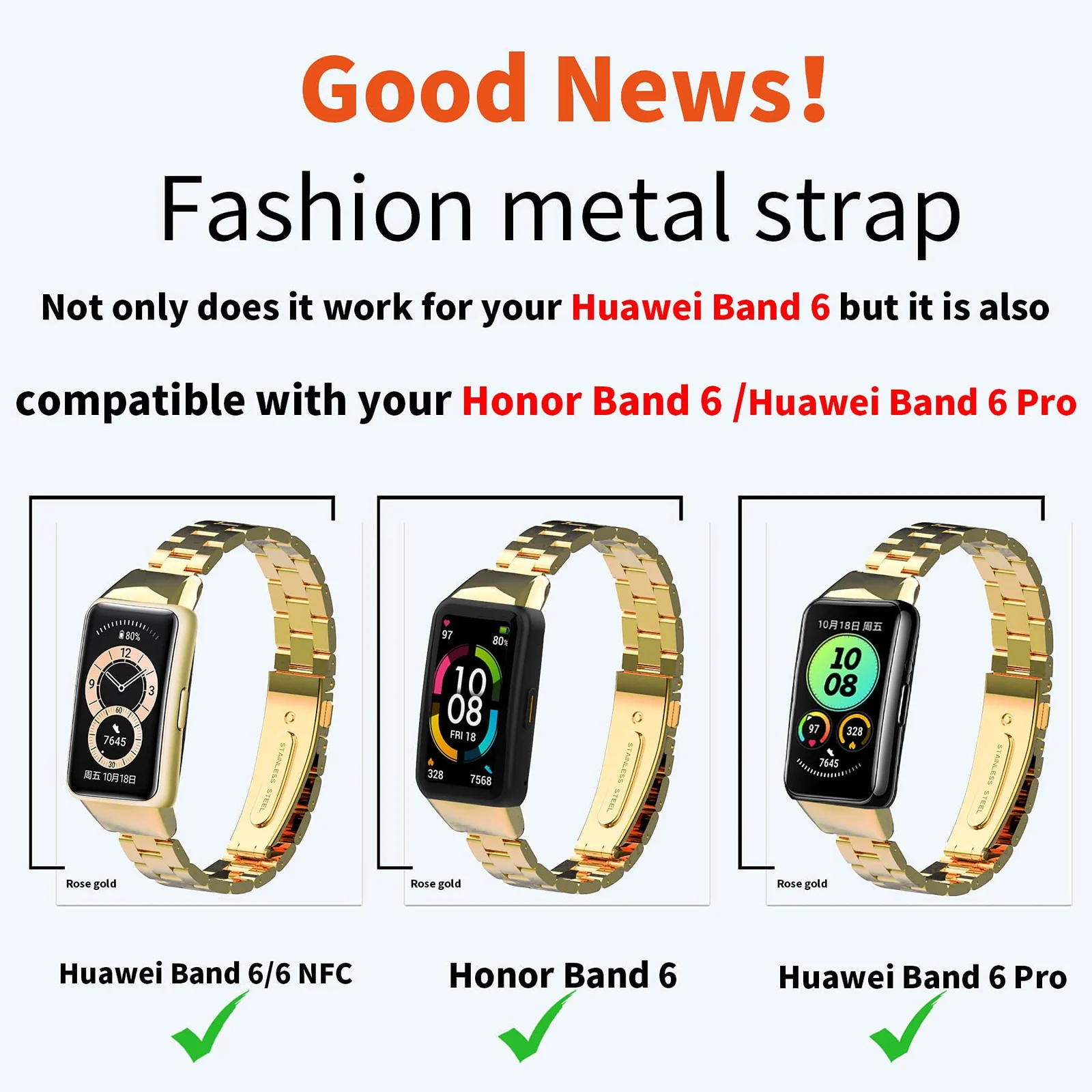 MOBIGON Stainless Steel Bracelet Strap with Double-Folding Clasp for Huawei Band 6 / HONOR Band 6 / HONOR Band 7, Gold