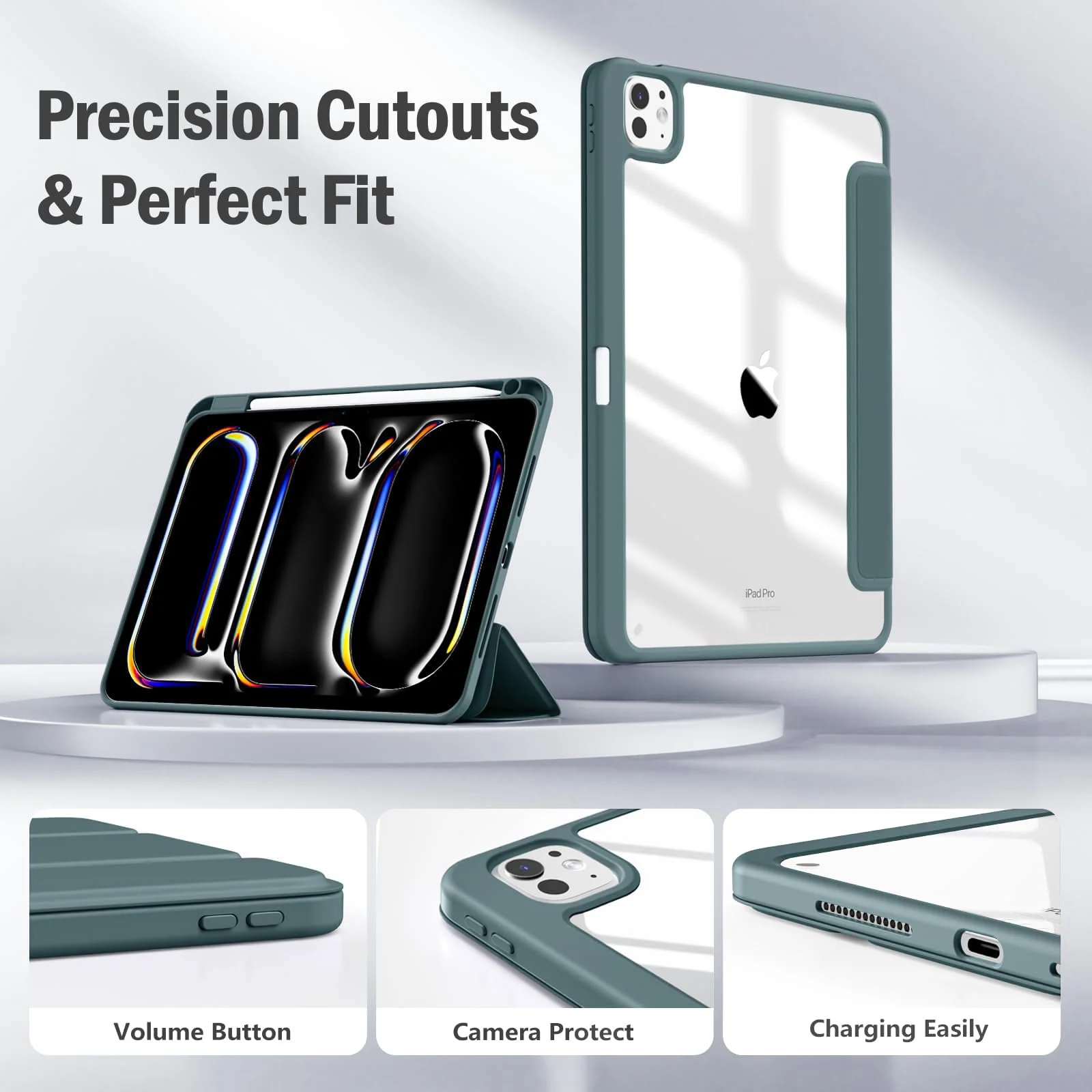 DL3 Mobilak Case for iPad Pro 11-Inch M4 2024 (5th Generation) with Pencil Holder, Clear Transparent Back Shell Slim Stand Shockproof Tablet Cover, Auto Wake/Sleep - Green