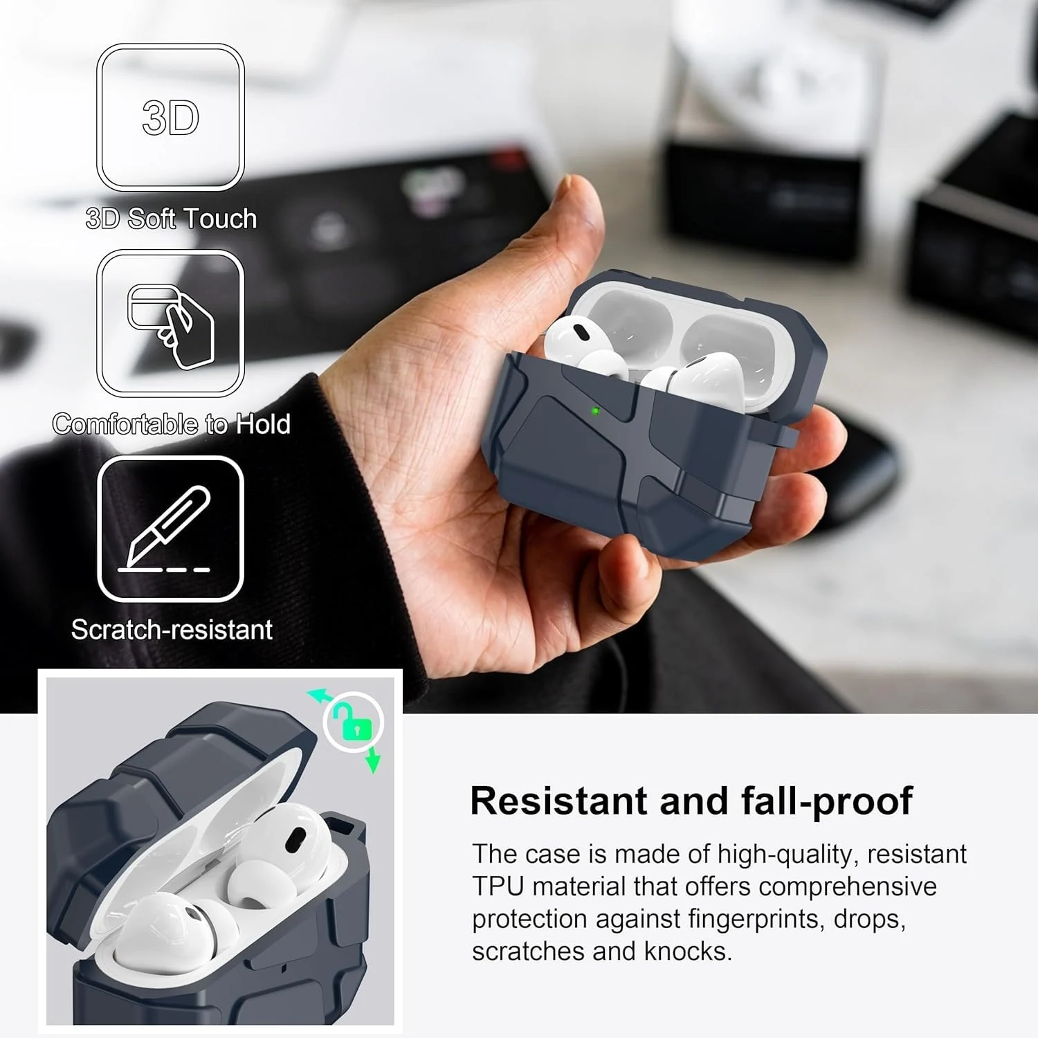 DL3 Mobilak AirPods Pro 3 (2025) Case, Shockproof Silicone Protective Case for Apple AirPods Pro 3 (2025) Generation, Hard Shell Design, Anti-Scratch, Front LED Light with Carabiner - Blue