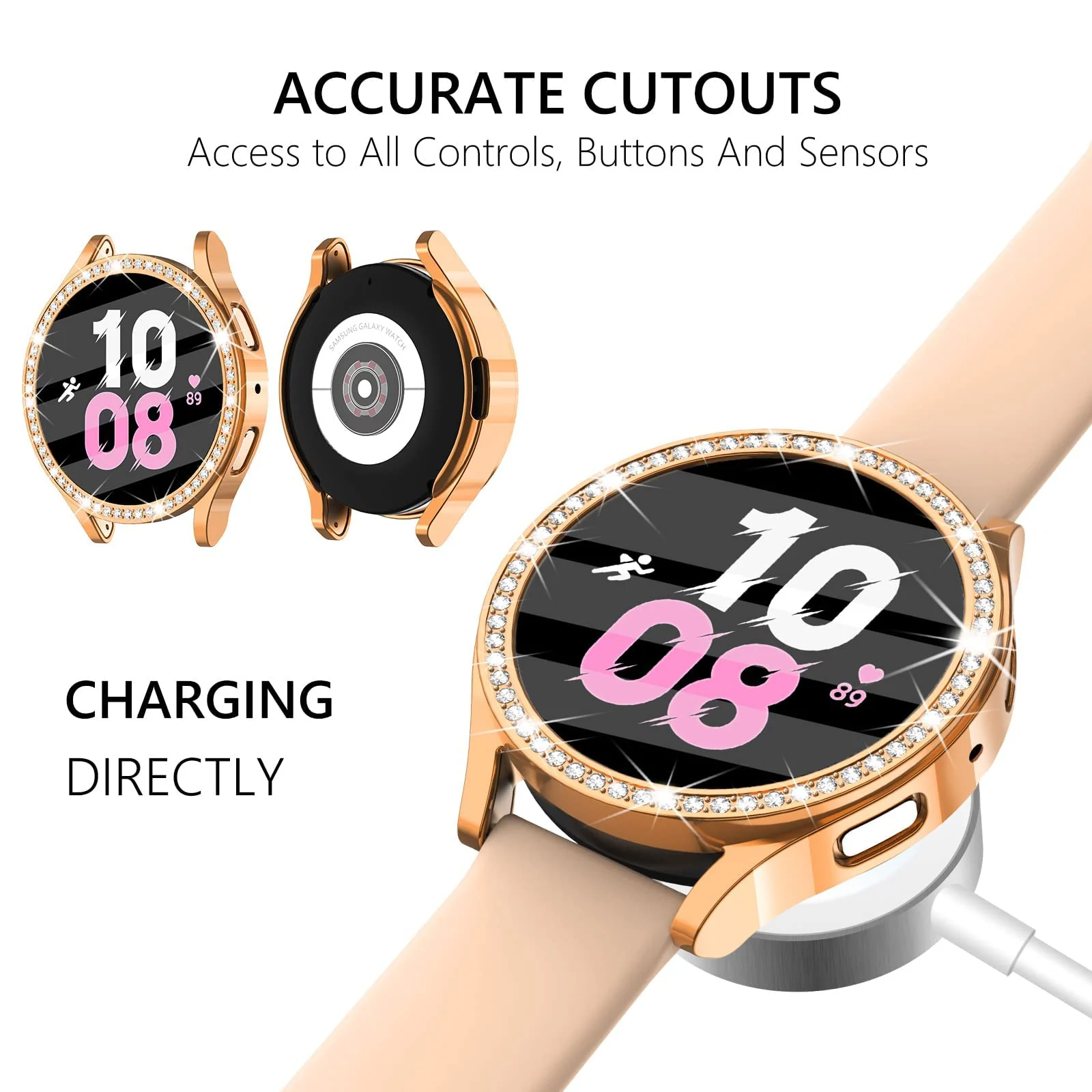 DL3 Mobilak Bumper Diamond Case Compatible with Samsung Galaxy Watch 5 44MM / Galaxy Watch 4 44mm, Bling Crystal Diamonds PC Plastic Protector Case Cover Frame For Galaxy Watch 4/5 44 MM - Rose Gold