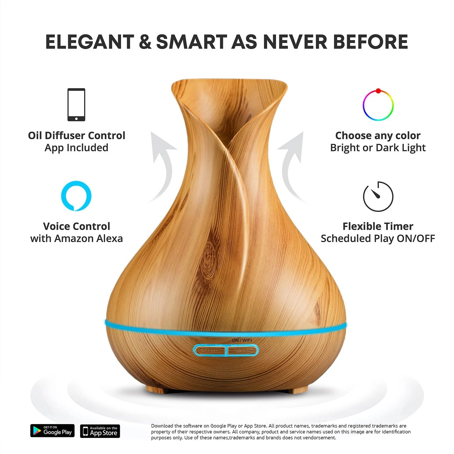Mobigon Essential Oil Diffuser, Aromatherapy Diffuser 500ml with Remote Control, 4 Timer & Auto-Off Safety Switch, 7 Color LED Lights Mode, 10 Hours Quiet Humidifier for Bedroom - Light Woody