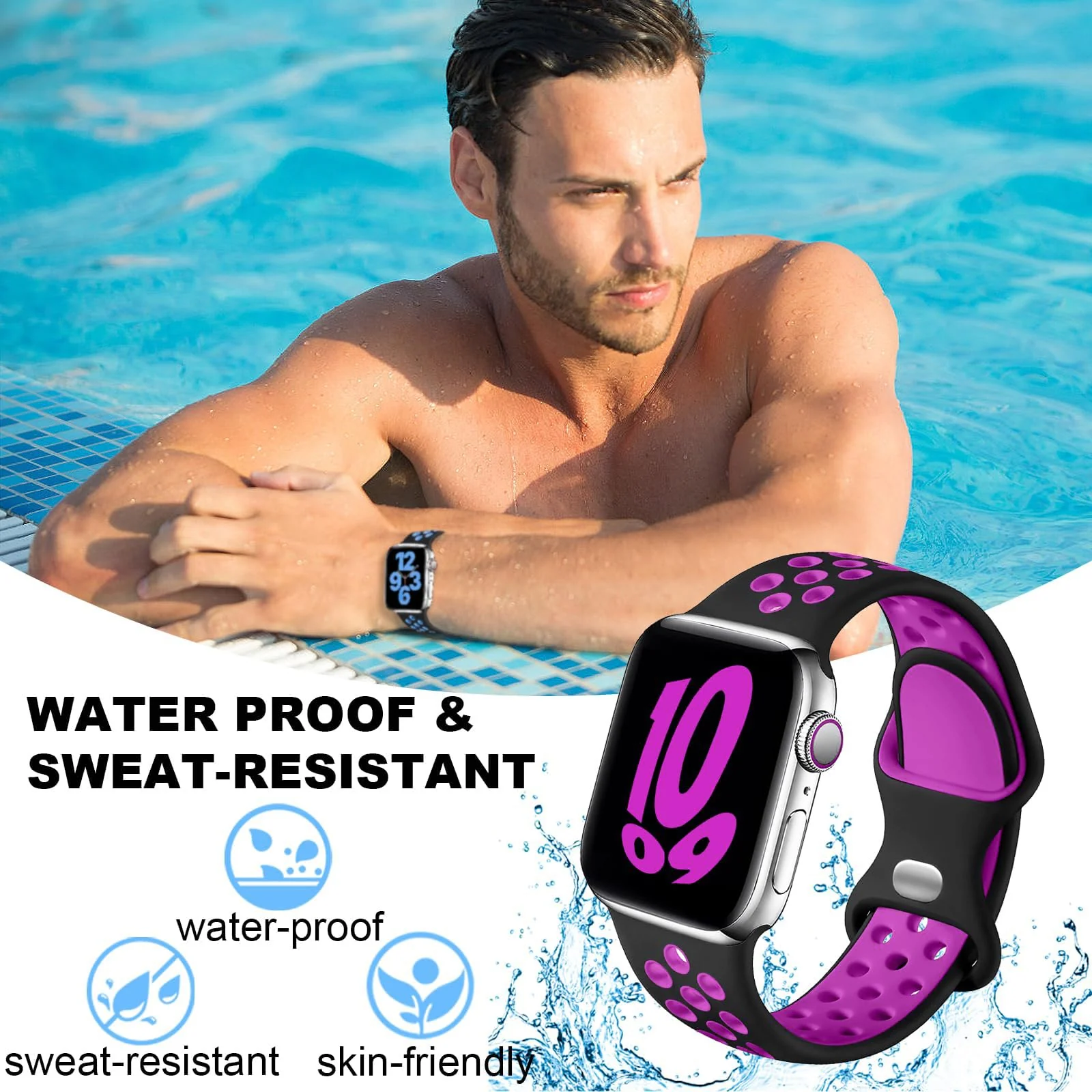 DL3 Mobilak Sport Strap For Apple Watch 49mm 45mm 44mm 42mm 41mm 40mm 38mm, Breathable Silicone Double Hole Band, for iWatch Ultra 2 Series 9 8 7 6 5 4 3 SE (&, 38mm/40mm/41mm) - Black & Purple