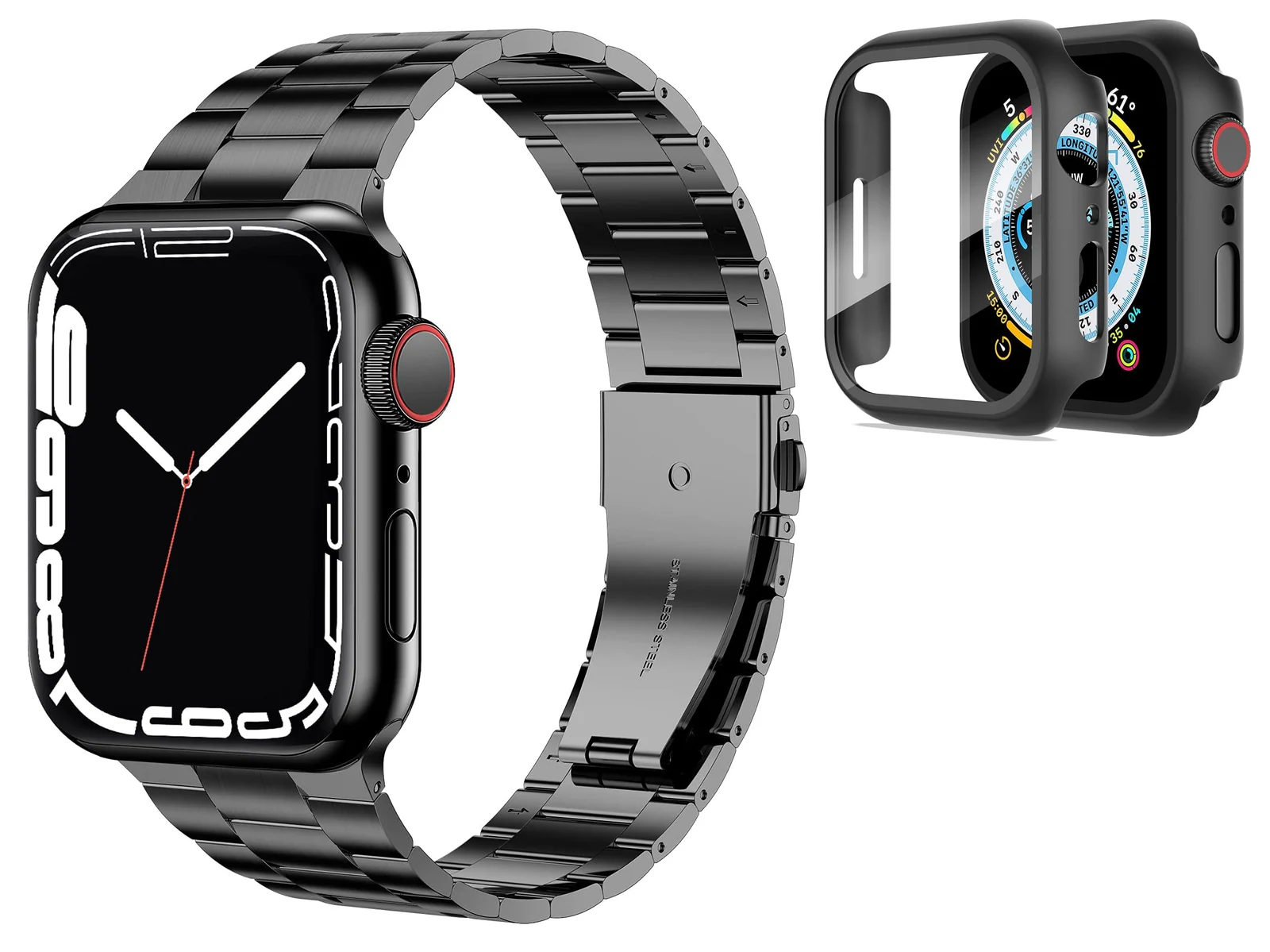 DL3 Mobilak Stainless Steel Band with Case Compatible with Apple Watch Band 45mm Series 9/8/7, Men Woman Business Strap with Protective Bumper Cover for iWatch Series 7/8/9 45mm - Black