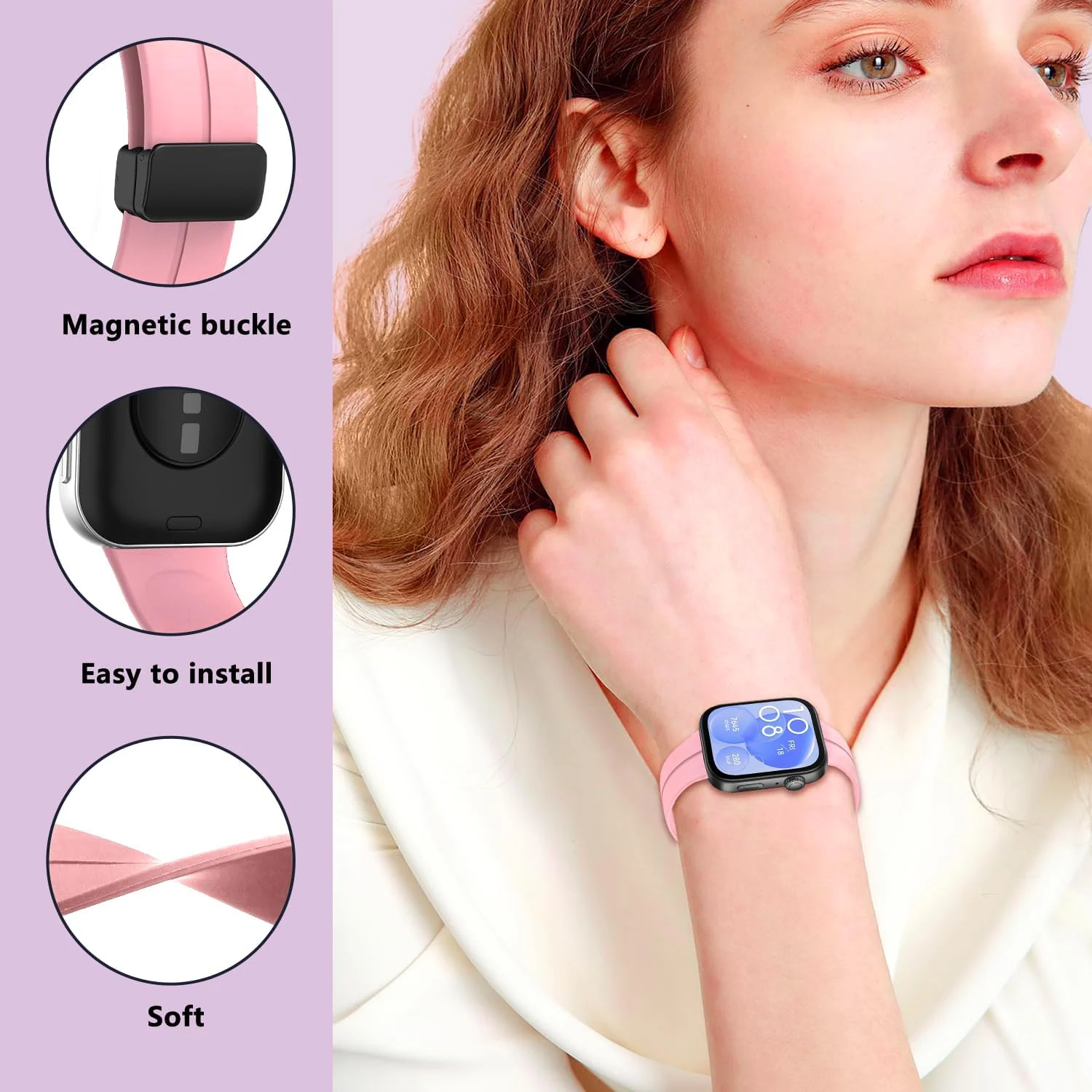 DL3 Mobilak Silicone Strap Compatible with Huawei Watch Fit 3/Watch Fit 4 Pro/Fit 4 Magnetic Metal Stainless Buckle Sport Silicone Strap, Band Quick Release Soft Replacment Wristband - Pink